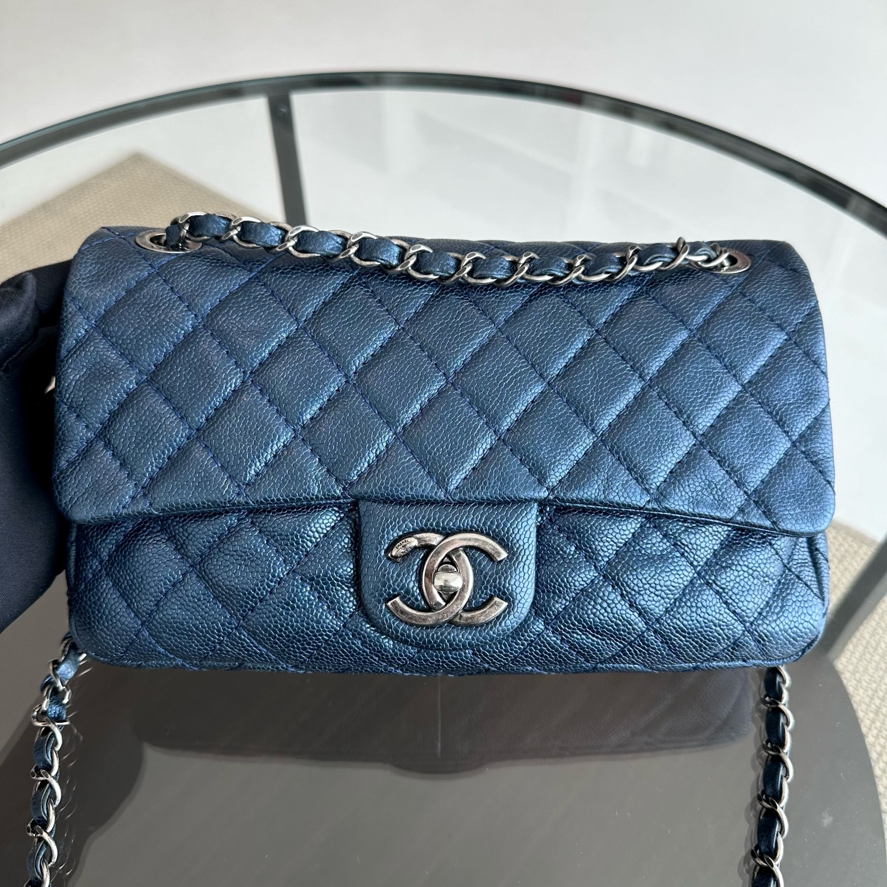 Chanel Caviar Seasonal Flap Zip Around Iridescent Dark Blue SHW No 18 - Luxury Evermore