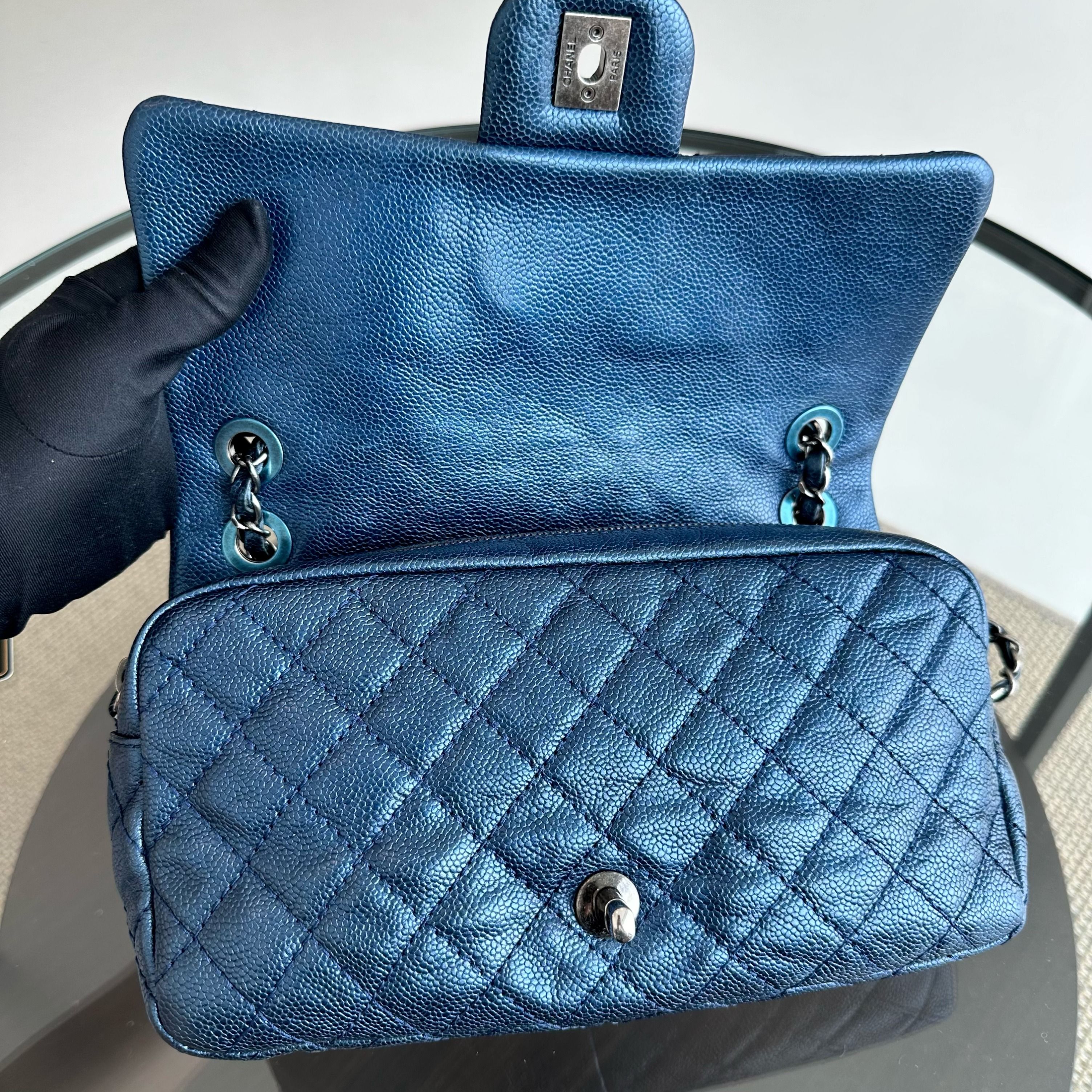 Chanel Caviar Seasonal Flap Zip Around Iridescent Dark Blue SHW No 18 - Luxury Evermore