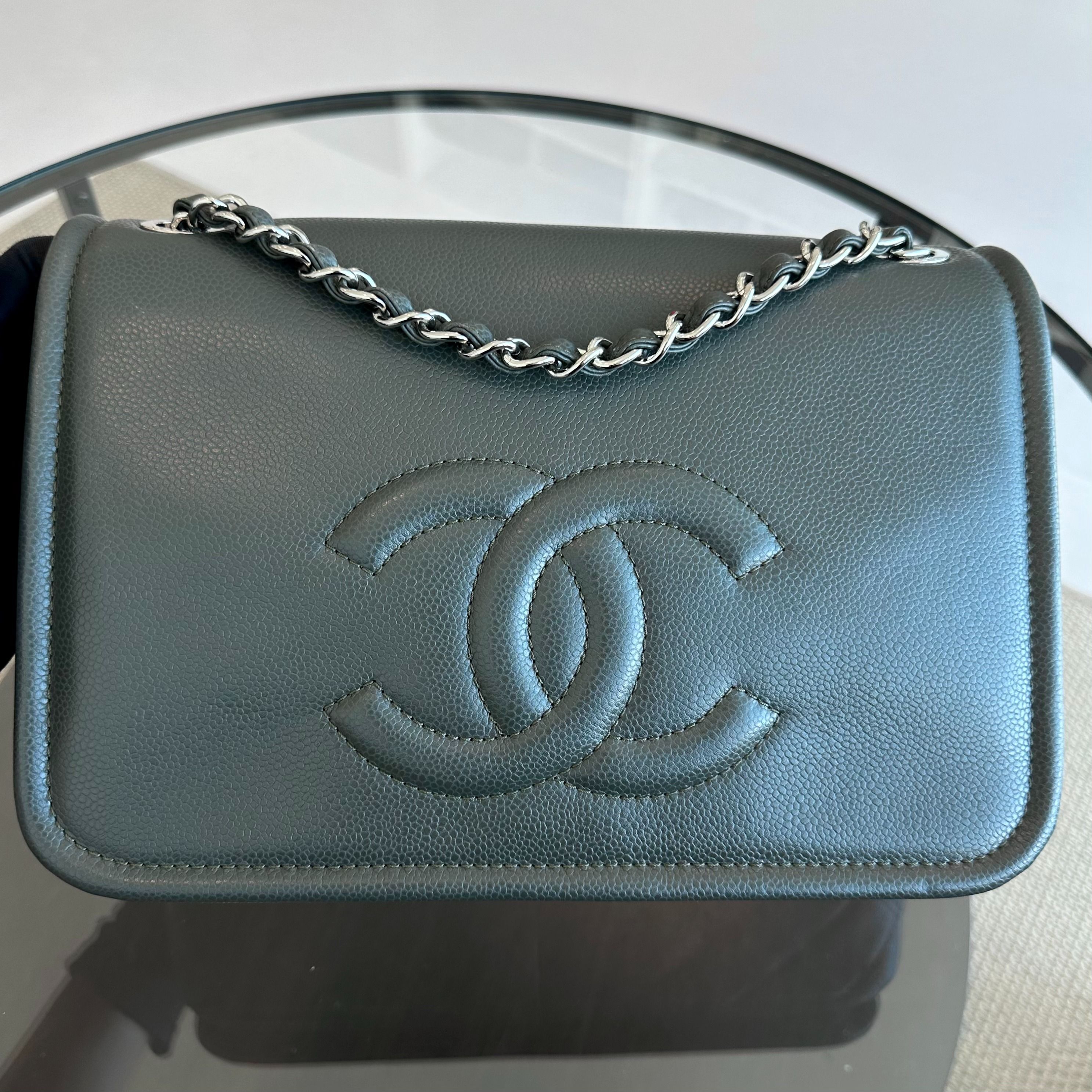 Chanel Caviar Seasonal Jumbo Timeless Double CC Flap Calfskin Green No 15 - Luxury Evermore