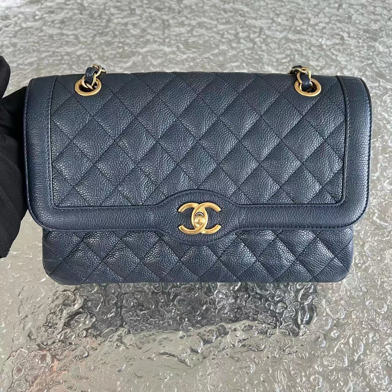 Chanel Caviar Single Flap Quilted Calfskin Navy Blue Golden Hardware Series 21 - Luxury Evermore