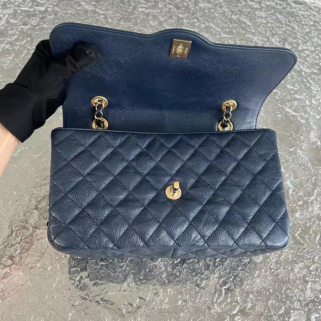 Chanel Caviar Single Flap Quilted Calfskin Navy Blue Golden Hardware Series 21 - Luxury Evermore