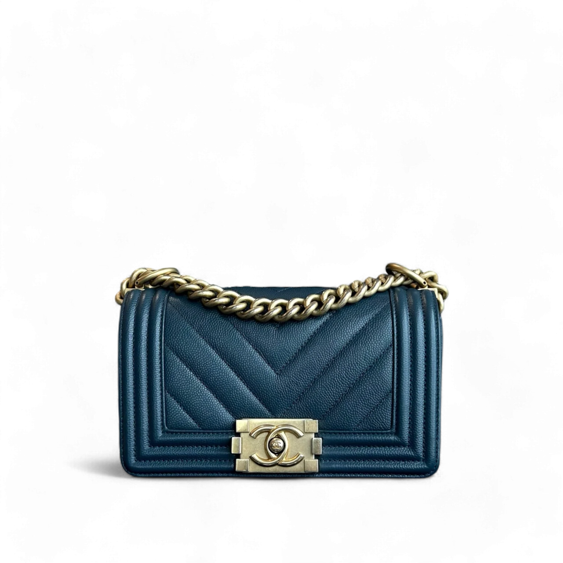 Chanel Boy Small - Caviar 20CM Chevron Grained Calfskin Dark Blue Leboy Gold Hardware Series 25