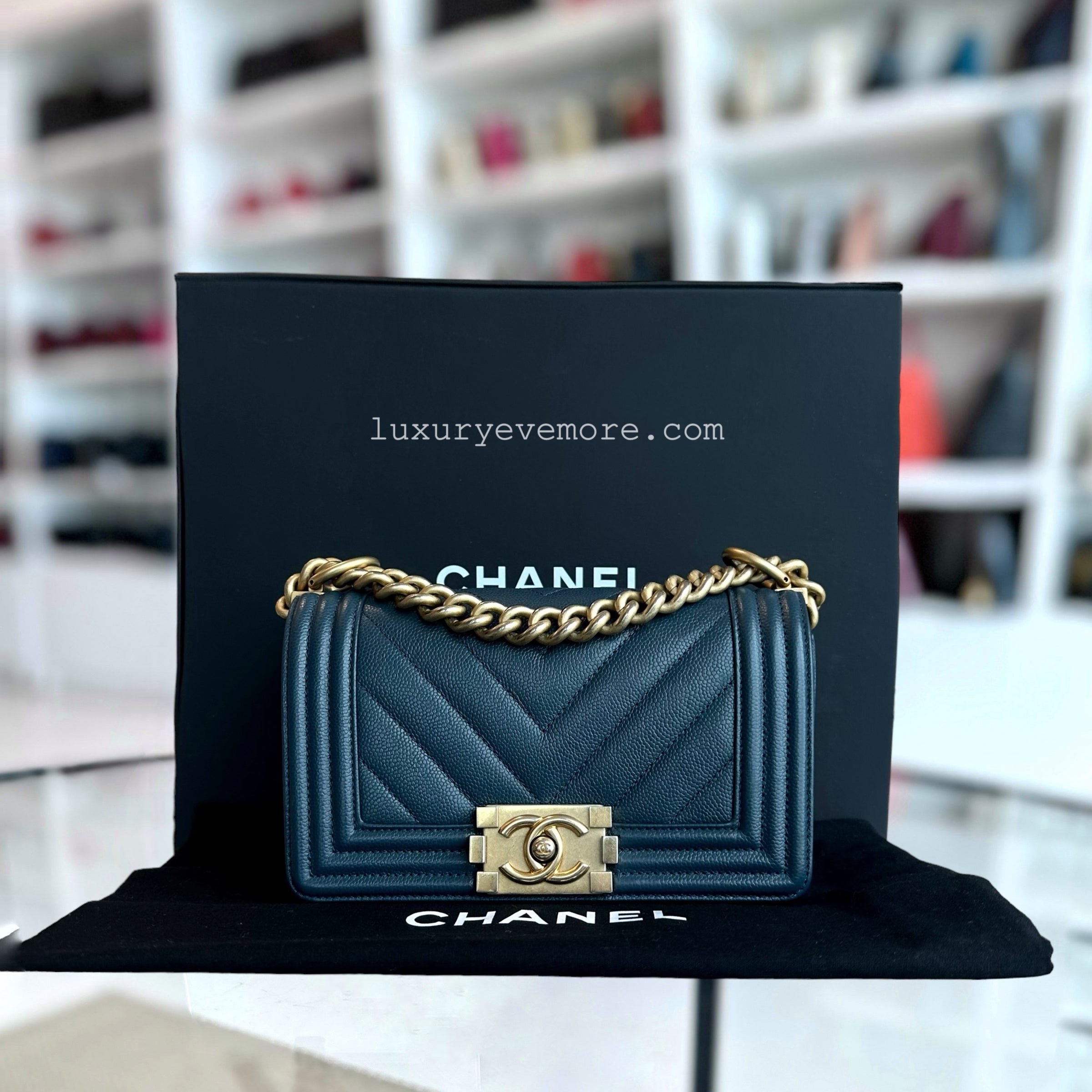 Chanel Caviar Small 20CM Chevron Grained Calfskin Dark Blue Leboy Golden Hardware Series 25 - Luxury Evermore