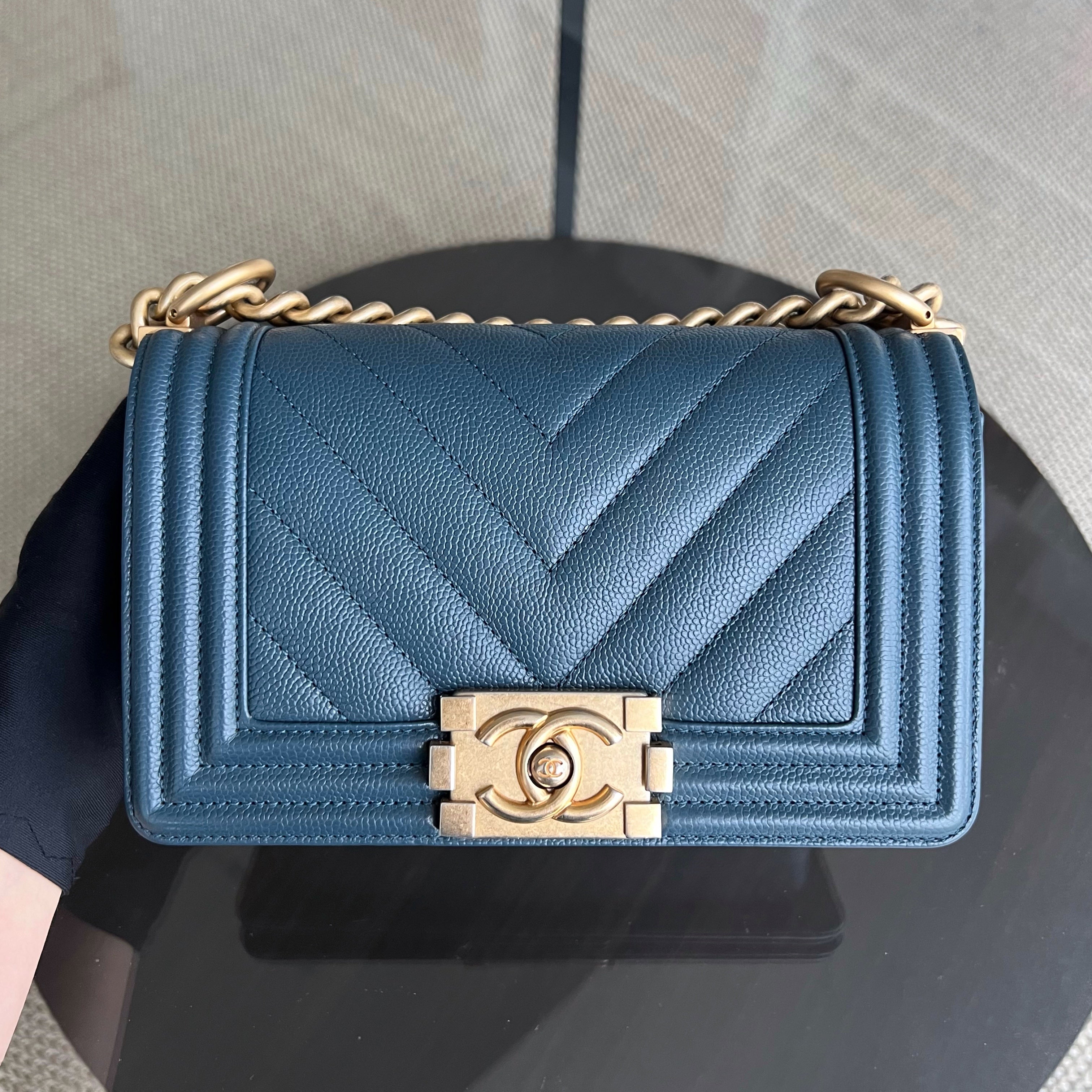 Chanel Caviar Small 20CM Chevron Grained Calfskin Dark Blue Leboy Golden Hardware Series 25 - Luxury Evermore