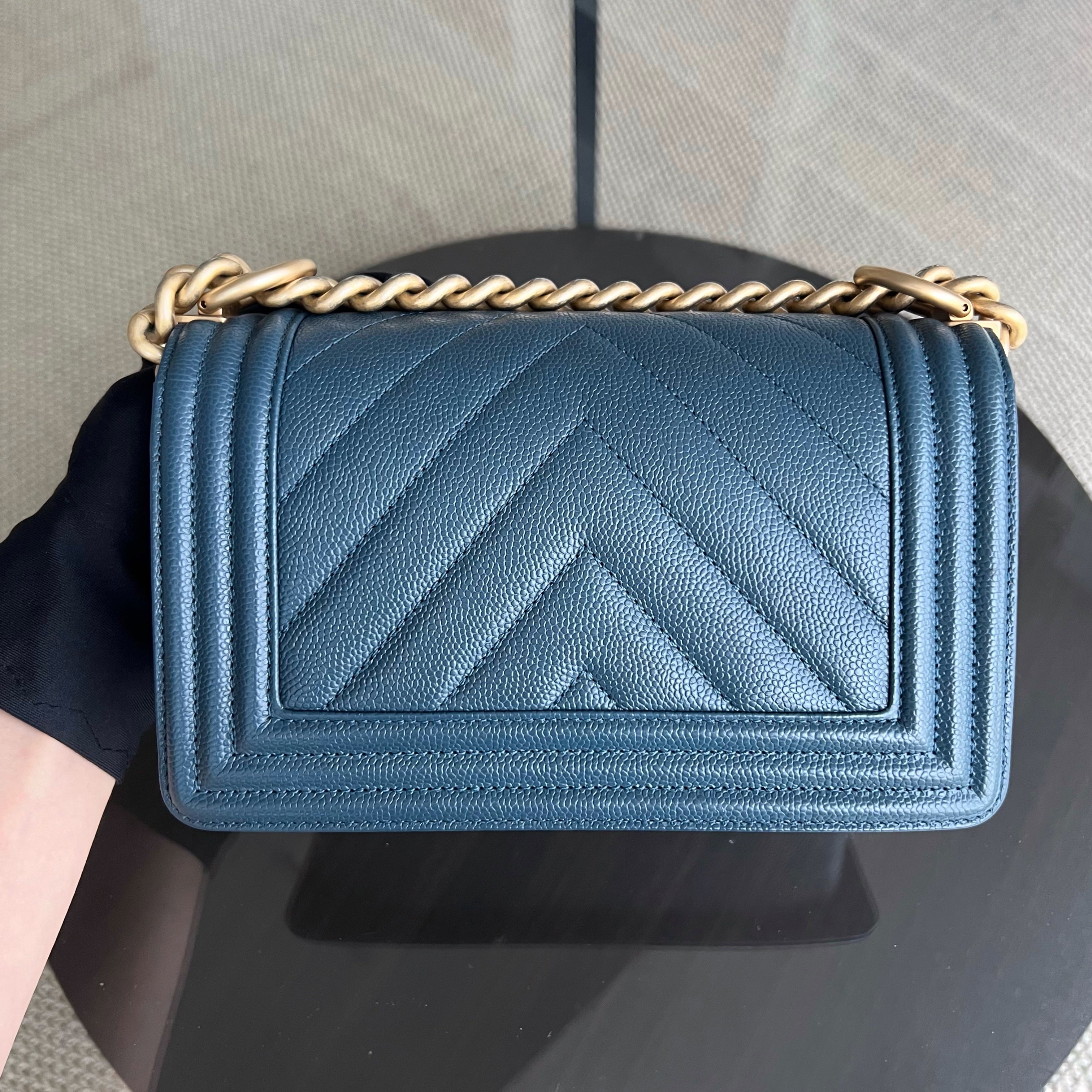 Chanel Caviar Small 20CM Chevron Grained Calfskin Dark Blue Leboy Golden Hardware Series 25 - Luxury Evermore