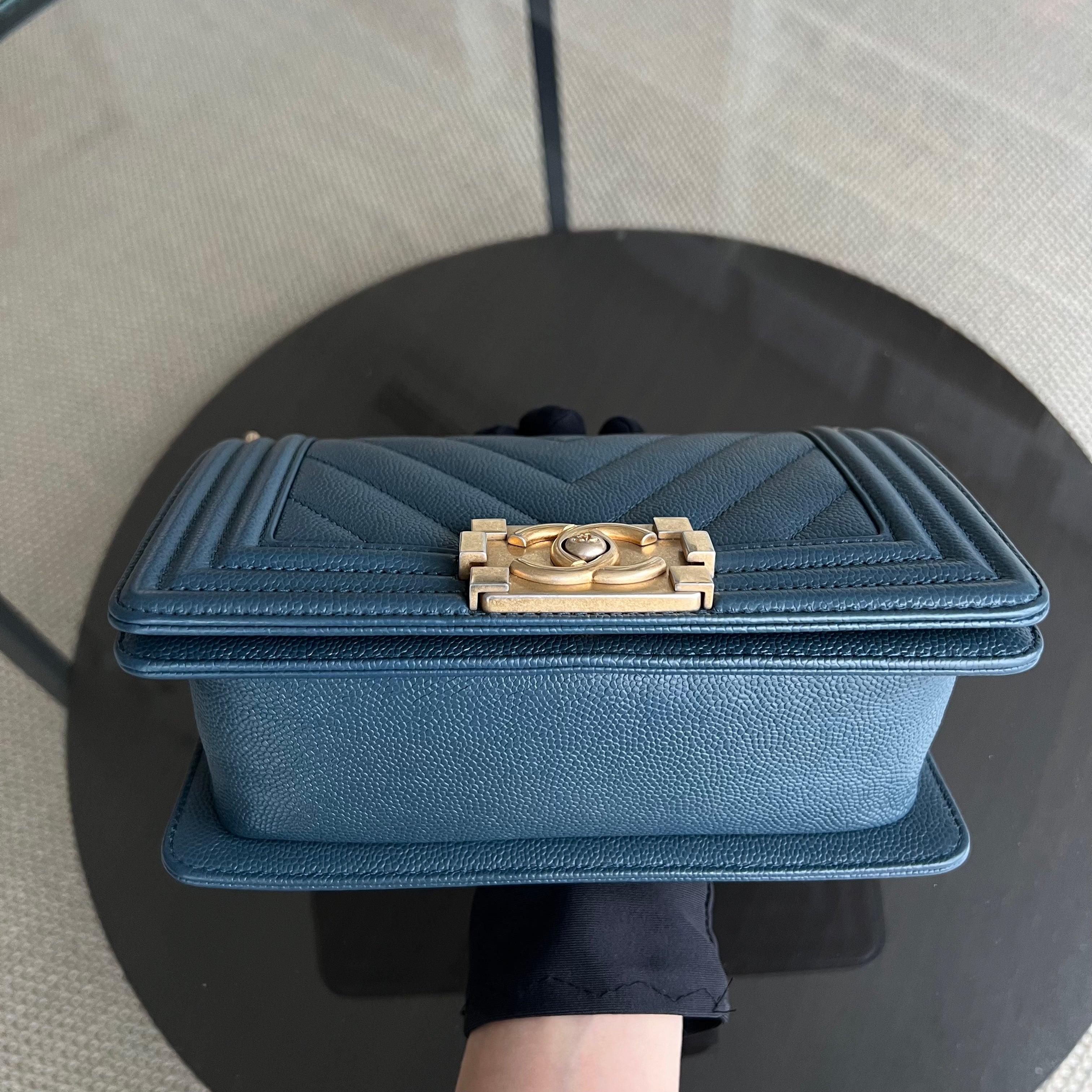 Chanel Caviar Small 20CM Chevron Grained Calfskin Dark Blue Leboy Golden Hardware Series 25 - Luxury Evermore