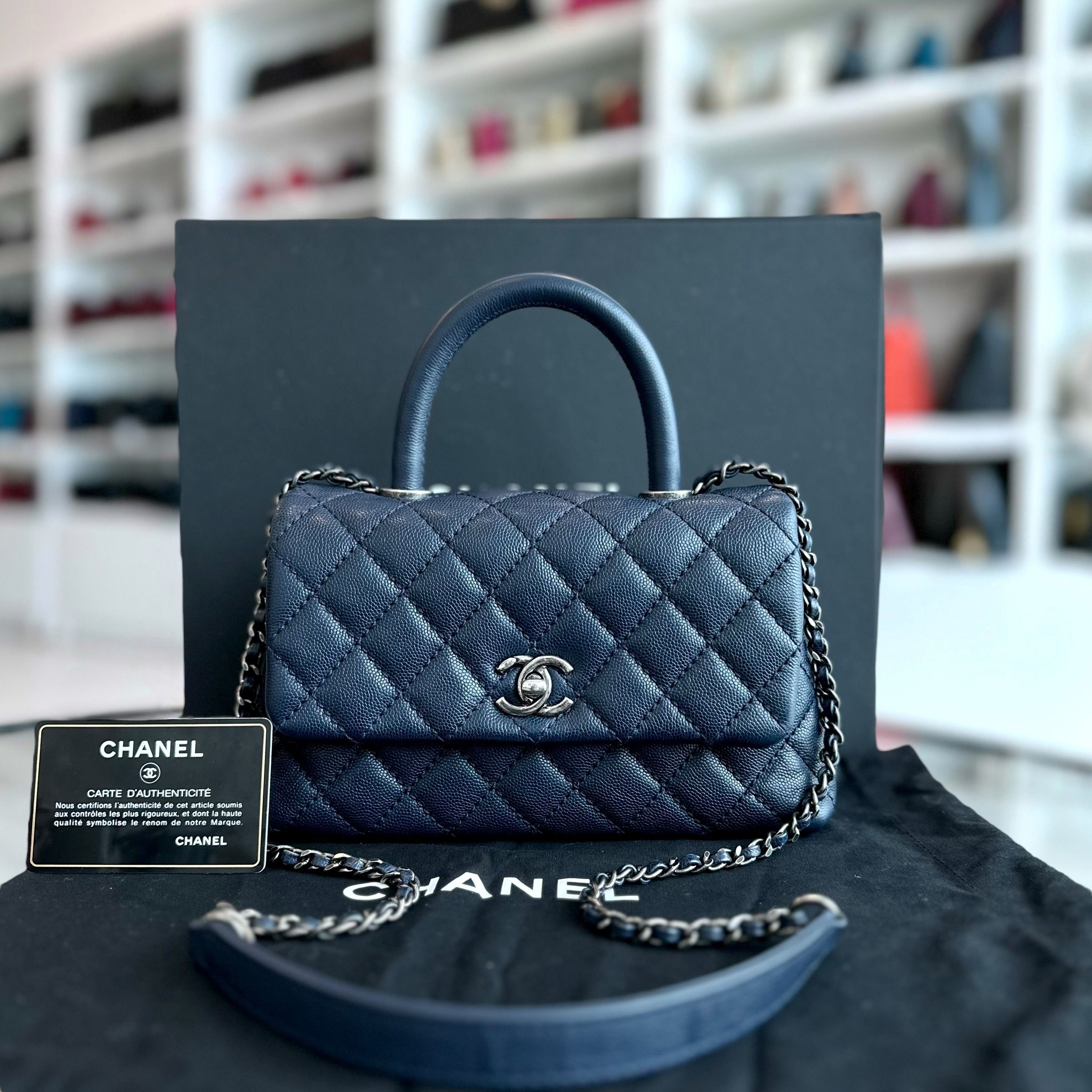 Chanel Caviar Small Coco Handle 24cm Quilted Calfskin Dark Navy Blue No 22 - Luxury Evermore