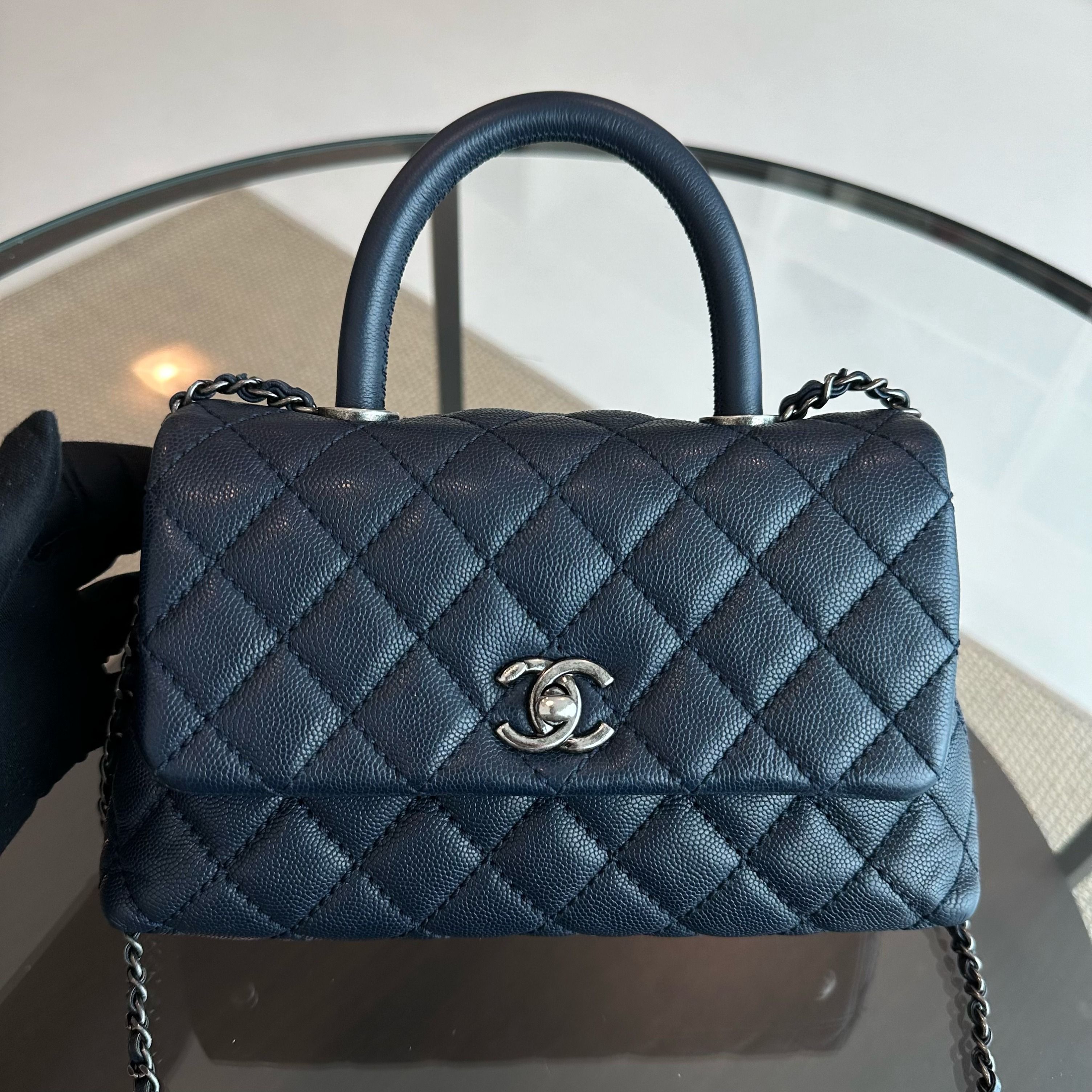 Chanel Caviar Small Coco Handle 24cm Quilted Calfskin Dark Navy Blue No 22 - Luxury Evermore