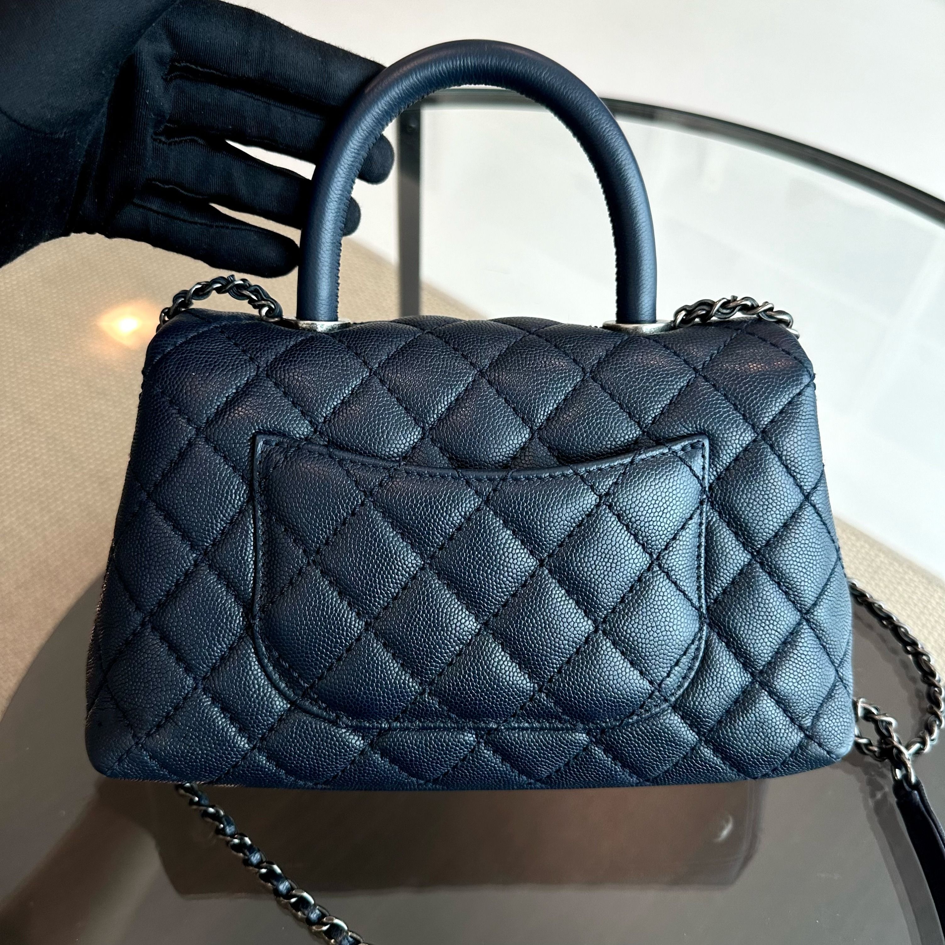 Chanel Caviar Small Coco Handle 24cm Quilted Calfskin Dark Navy Blue No 22 - Luxury Evermore