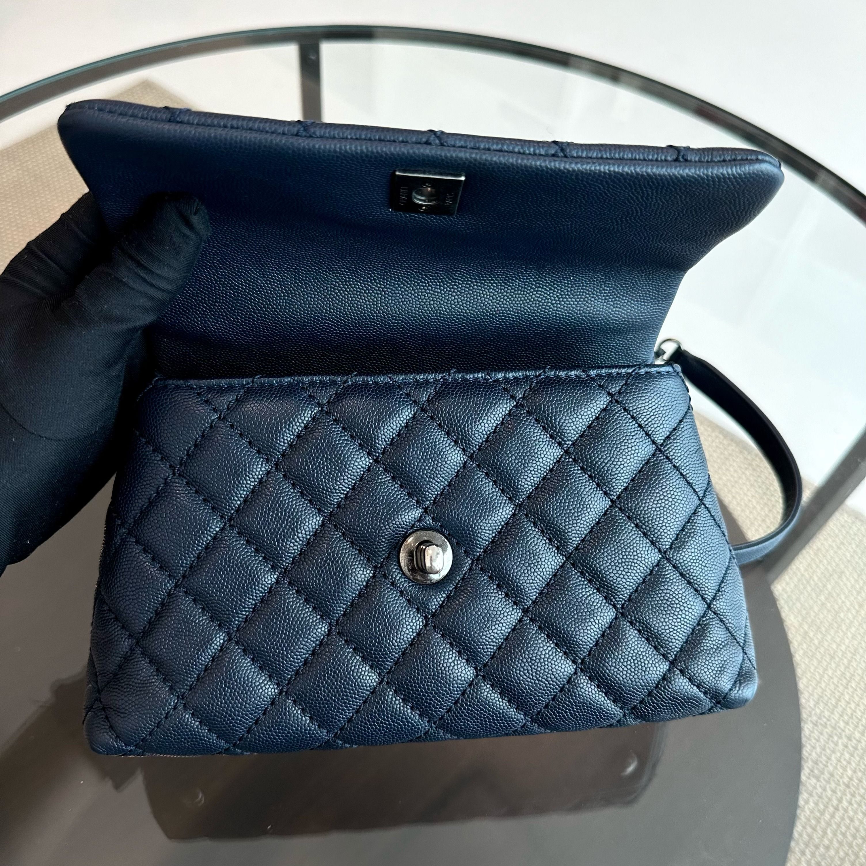 Chanel Caviar Small Coco Handle 24cm Quilted Calfskin Dark Navy Blue No 22 - Luxury Evermore