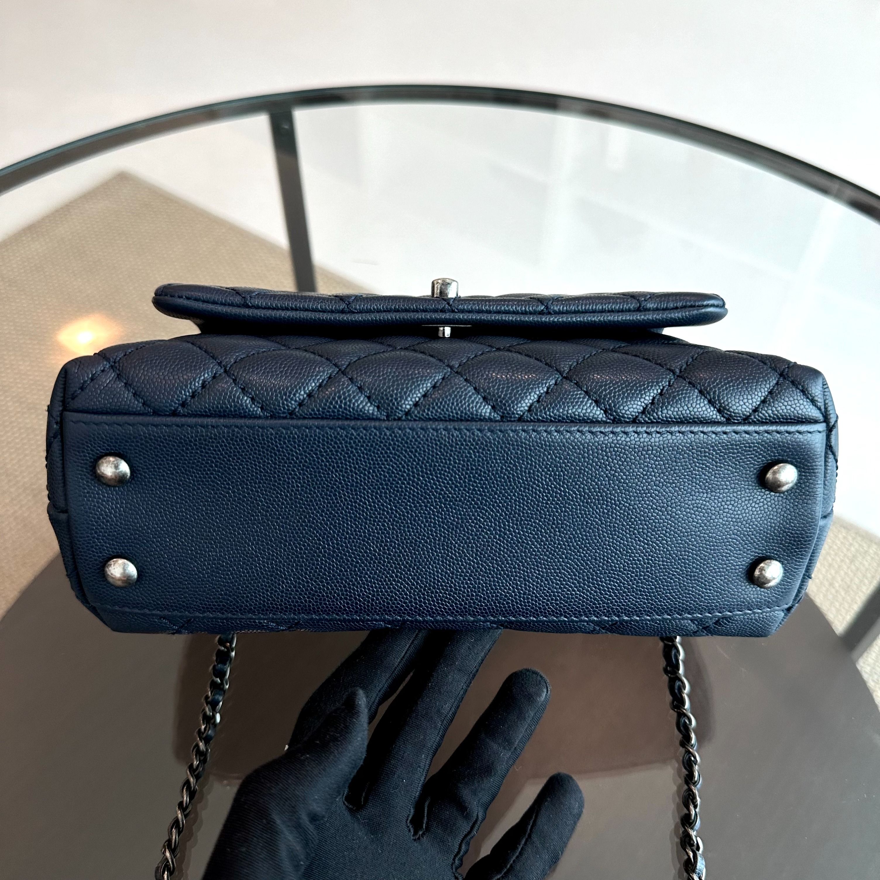 Chanel Caviar Small Coco Handle 24cm Quilted Calfskin Dark Navy Blue No 22 - Luxury Evermore