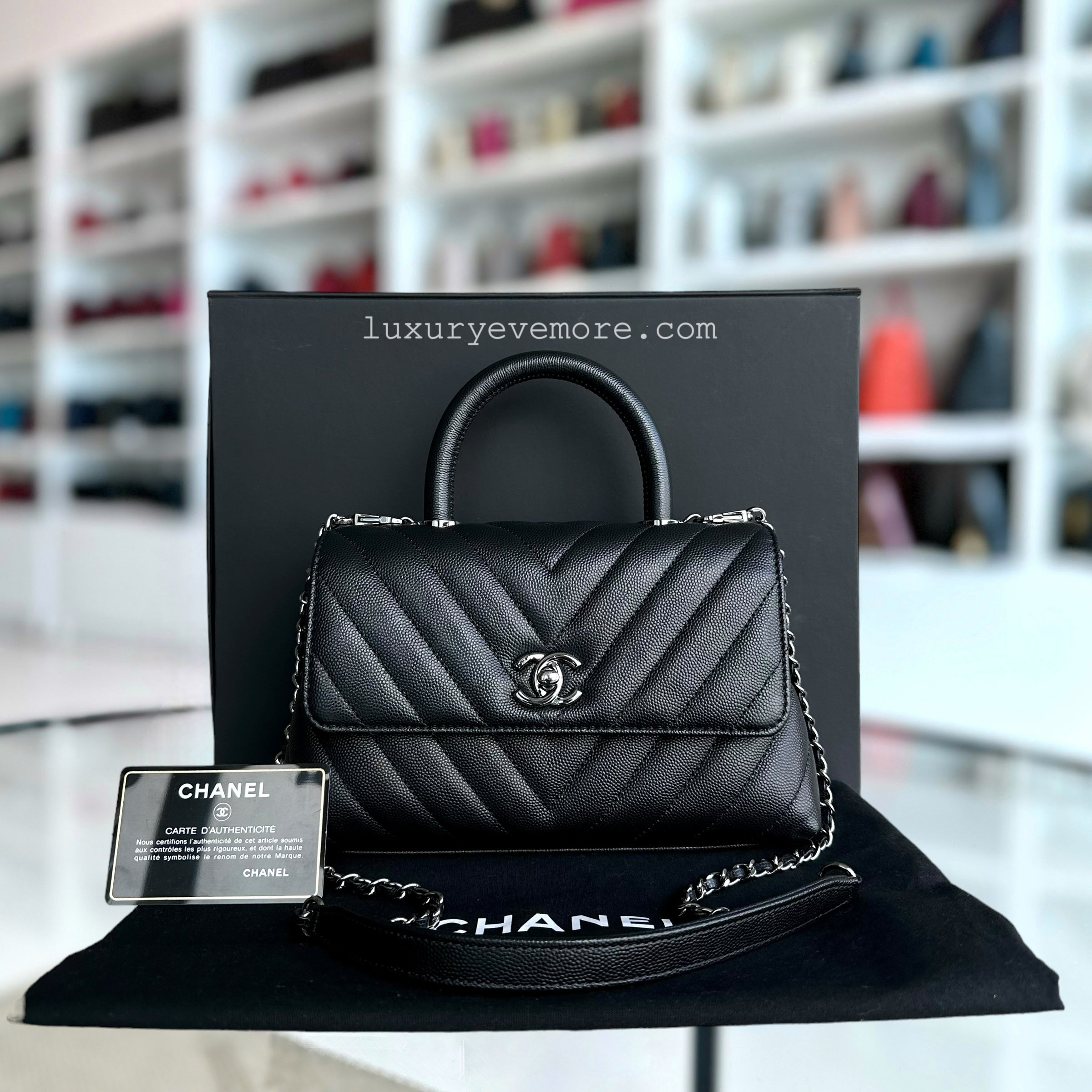 Chanel Caviar Small Coco Handle Chevron Grained Calfskin Black Ruthenium Silver Hardware Series 28 - Luxury Evermore