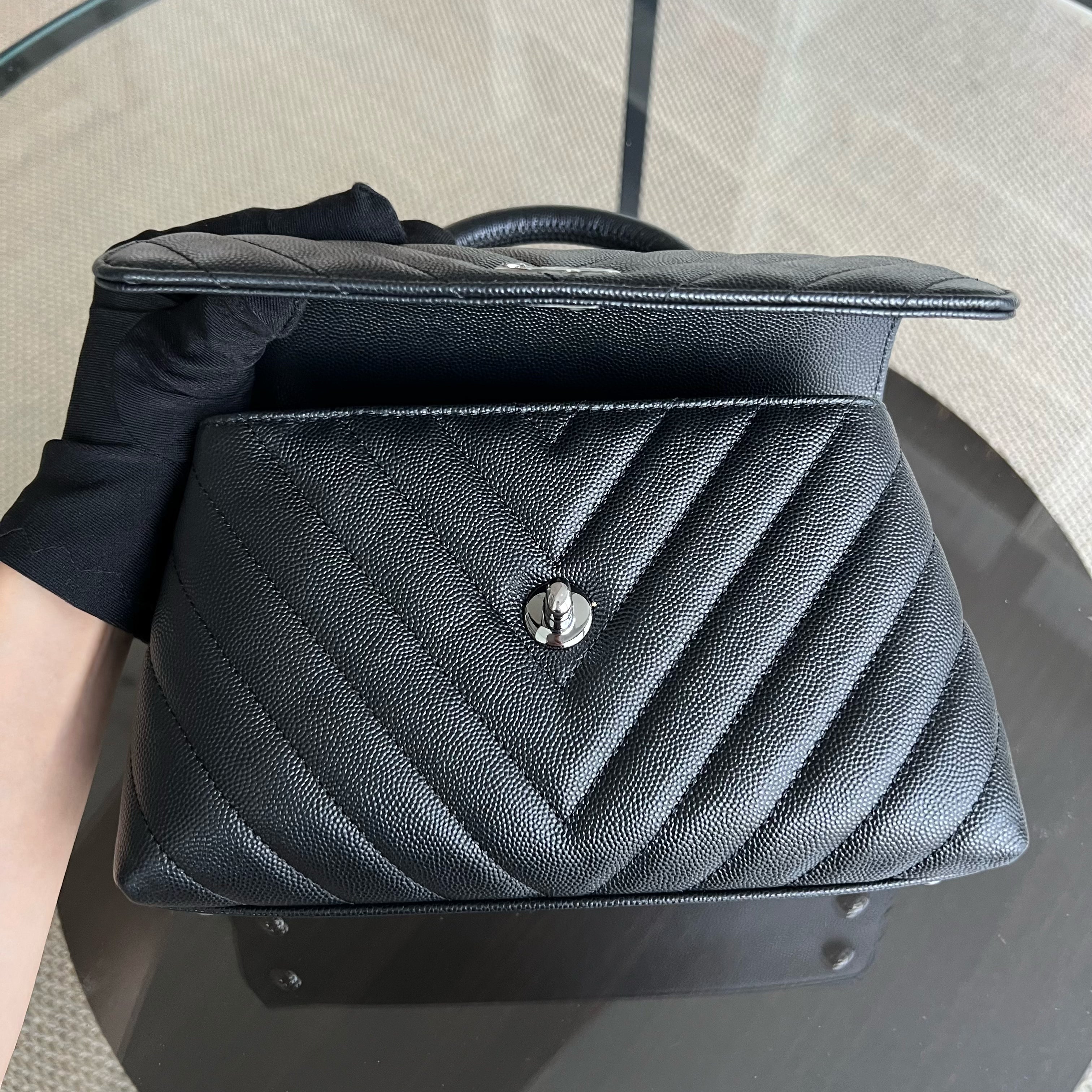 Chanel Caviar Small Coco Handle Chevron Grained Calfskin Black Ruthenium Silver Hardware Series 28 - Luxury Evermore