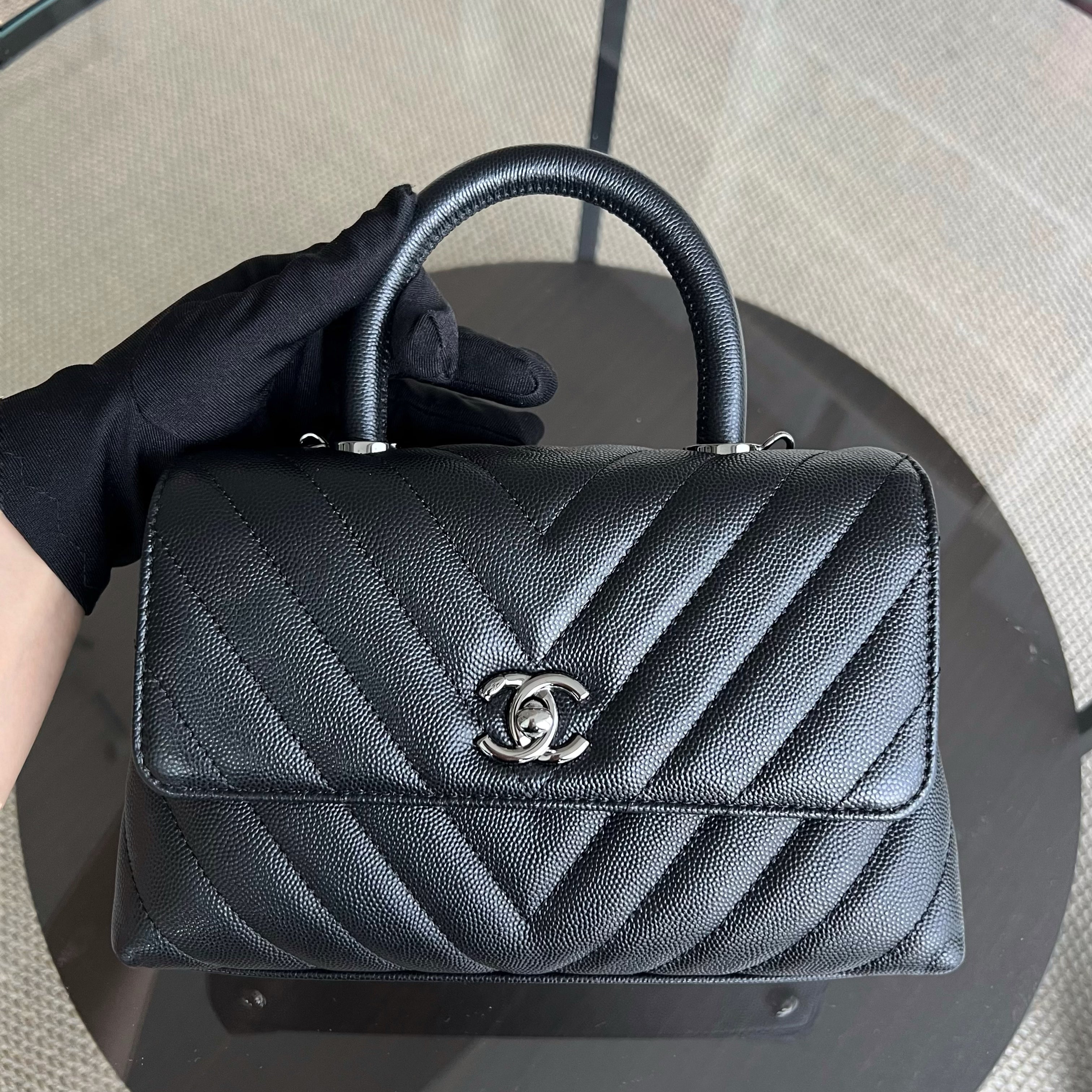 Chanel Caviar Small Coco Handle Chevron Grained Calfskin Black Ruthenium Silver Hardware Series 28 - Luxury Evermore