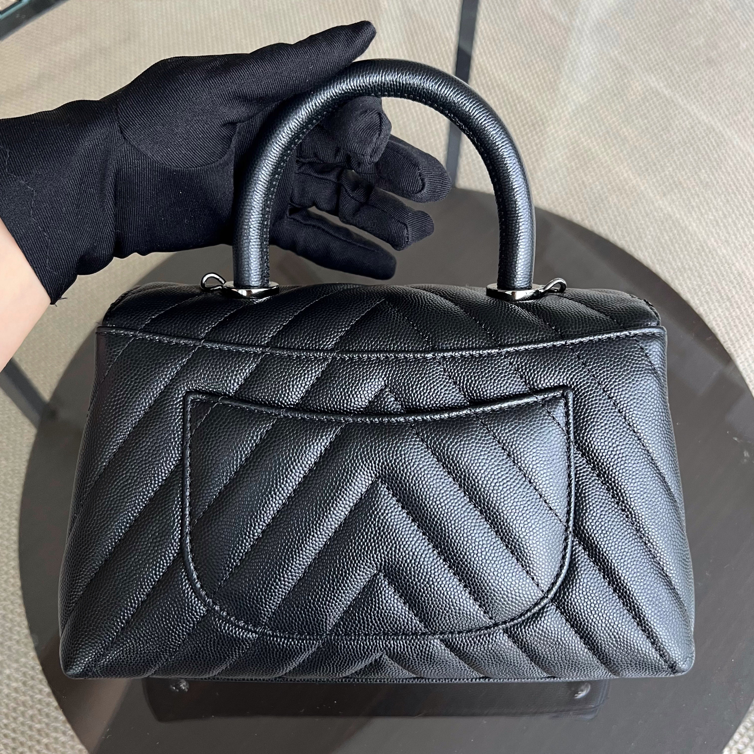 Chanel Caviar Small Coco Handle Chevron Grained Calfskin Black Ruthenium Silver Hardware Series 28 - Luxury Evermore