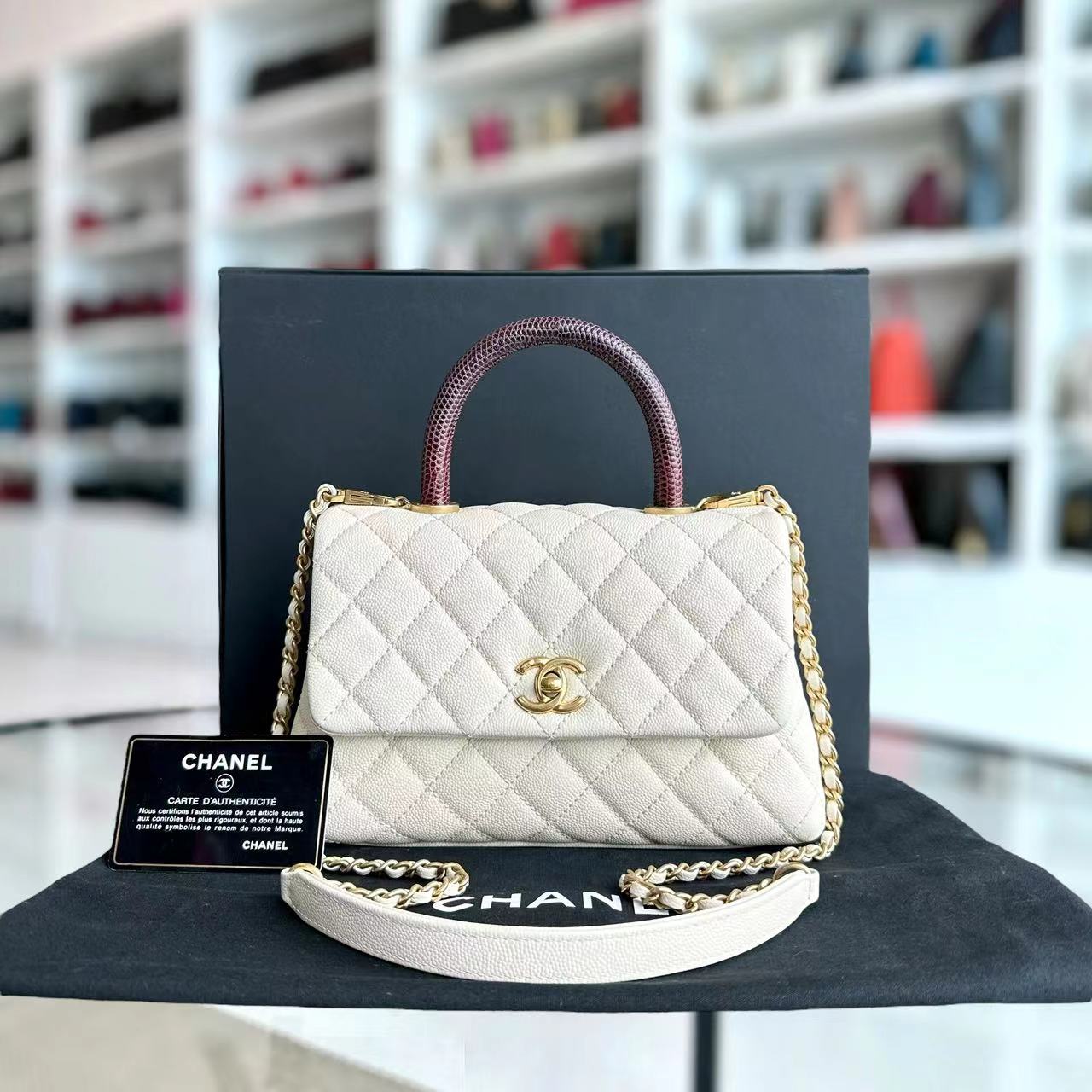 Chanel Caviar Small Coco Handle Quilted Calfskin Cream White Golden Hardware Series 24 - Luxury Evermore