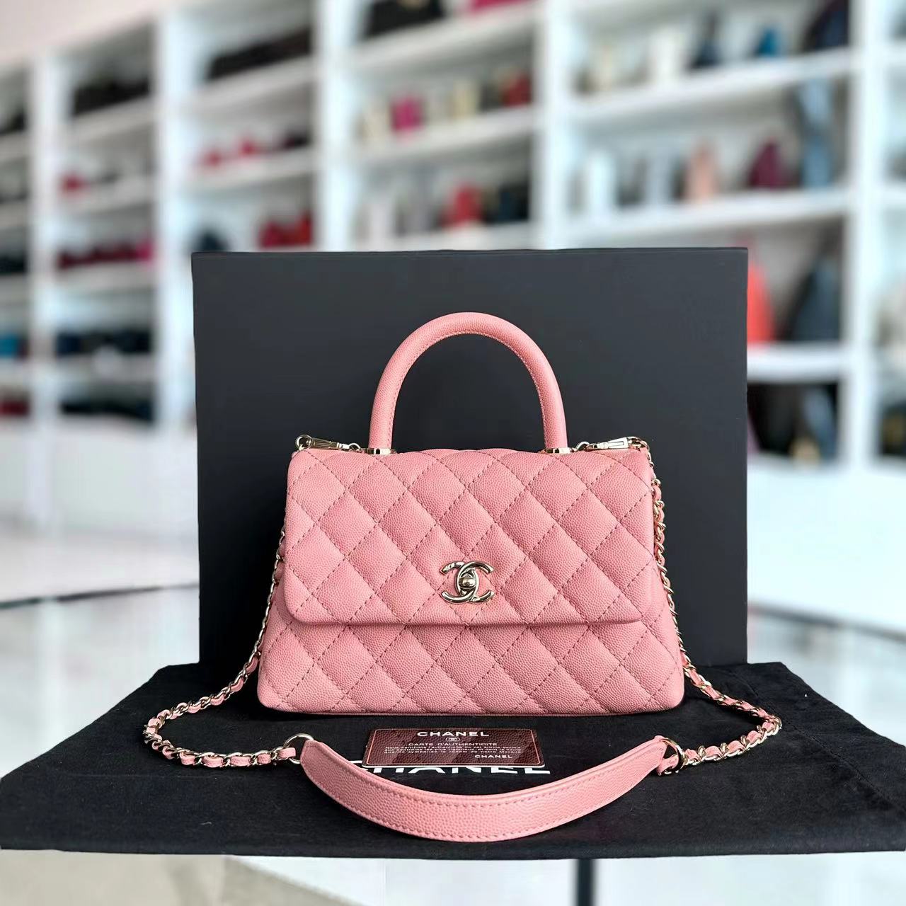 Chanel Caviar Small Coco Handle Quilted Calfskin Light Pink LGHW No 27 - Luxury Evermore