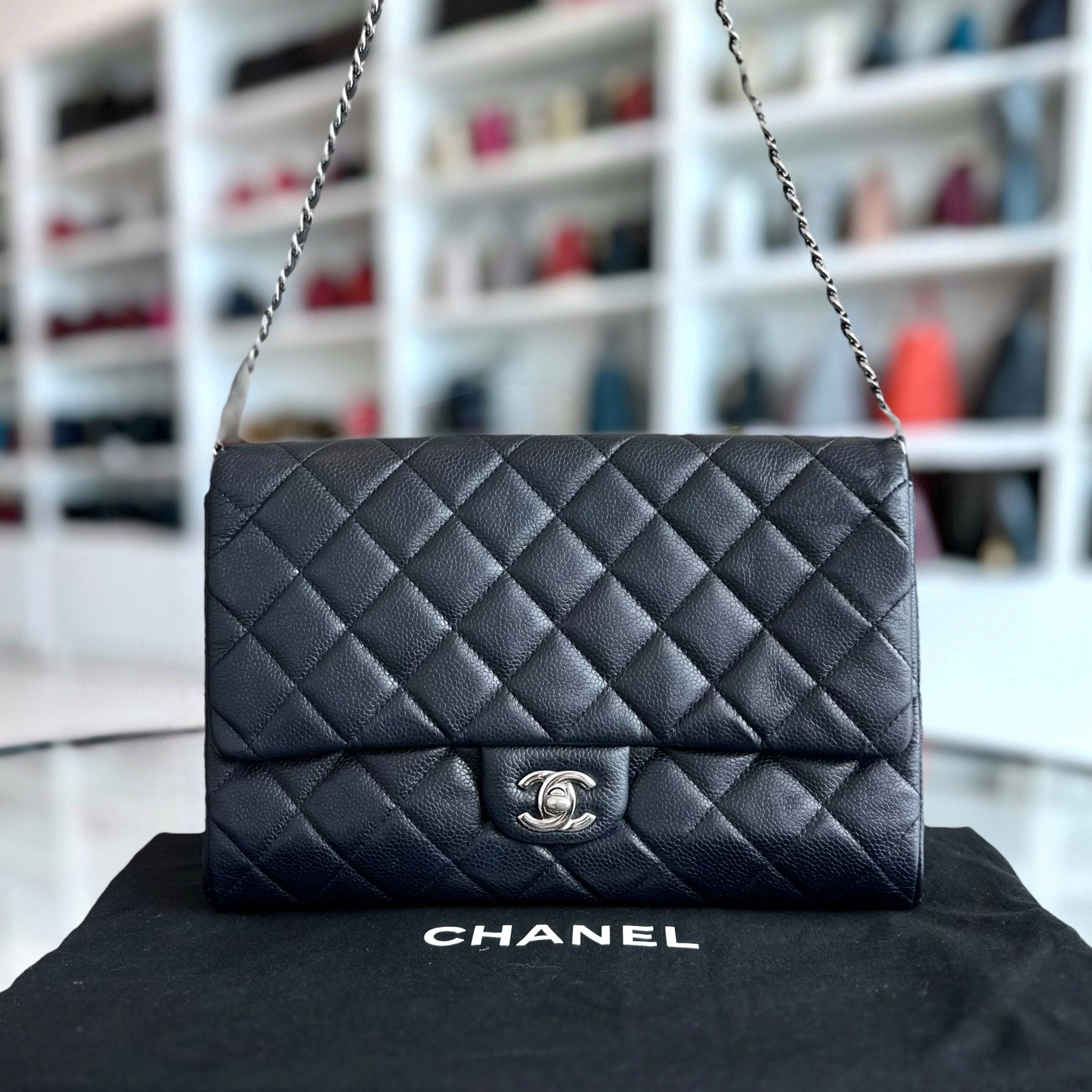 Chanel Caviar Timeless Classic Flap Clutch Calfskin Leather Dark Blue SHW No 18 - Luxury Evermore