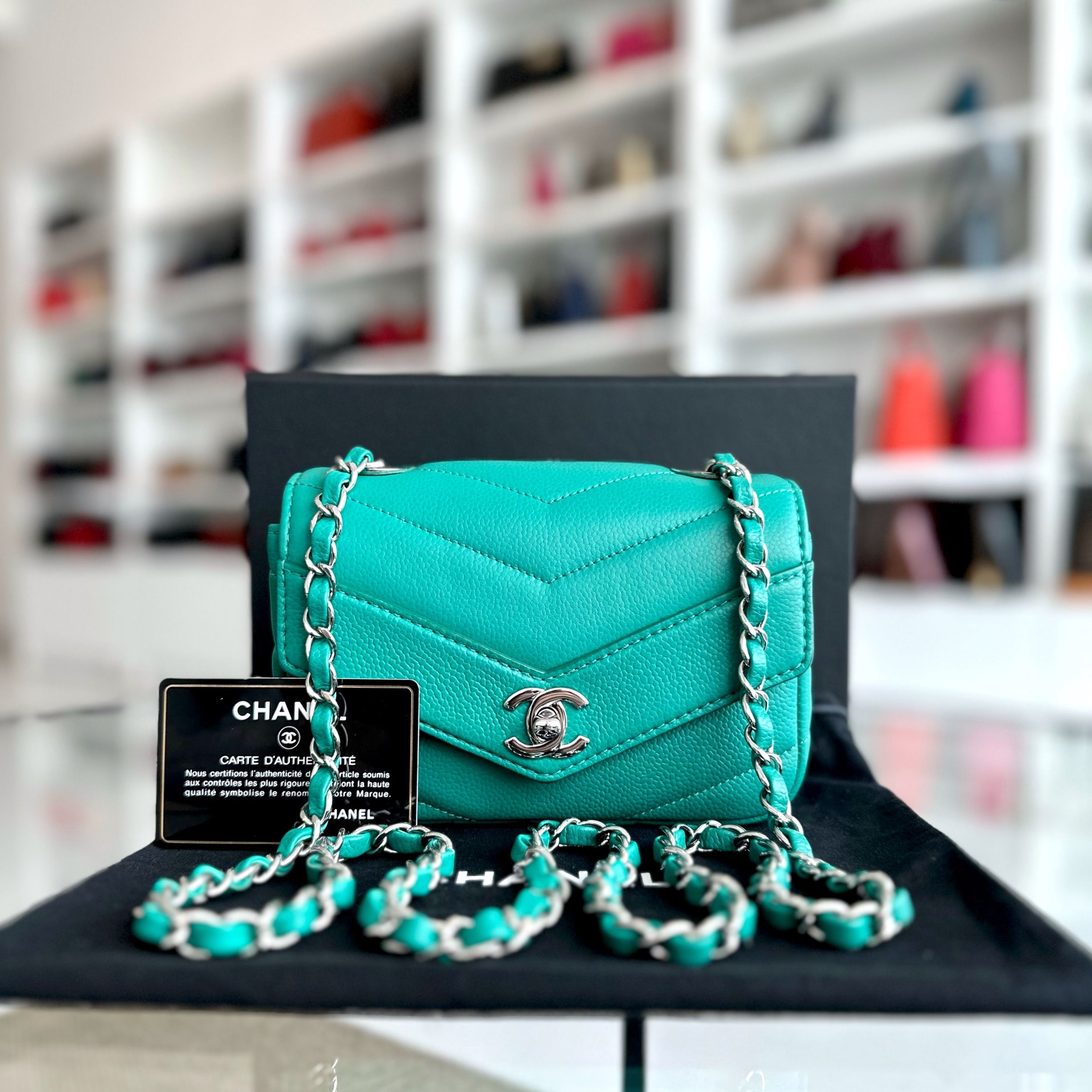 Chanel Caviar V Stitch Chevron Mini Square Green Blue SHW No 24 - Luxury Evermore