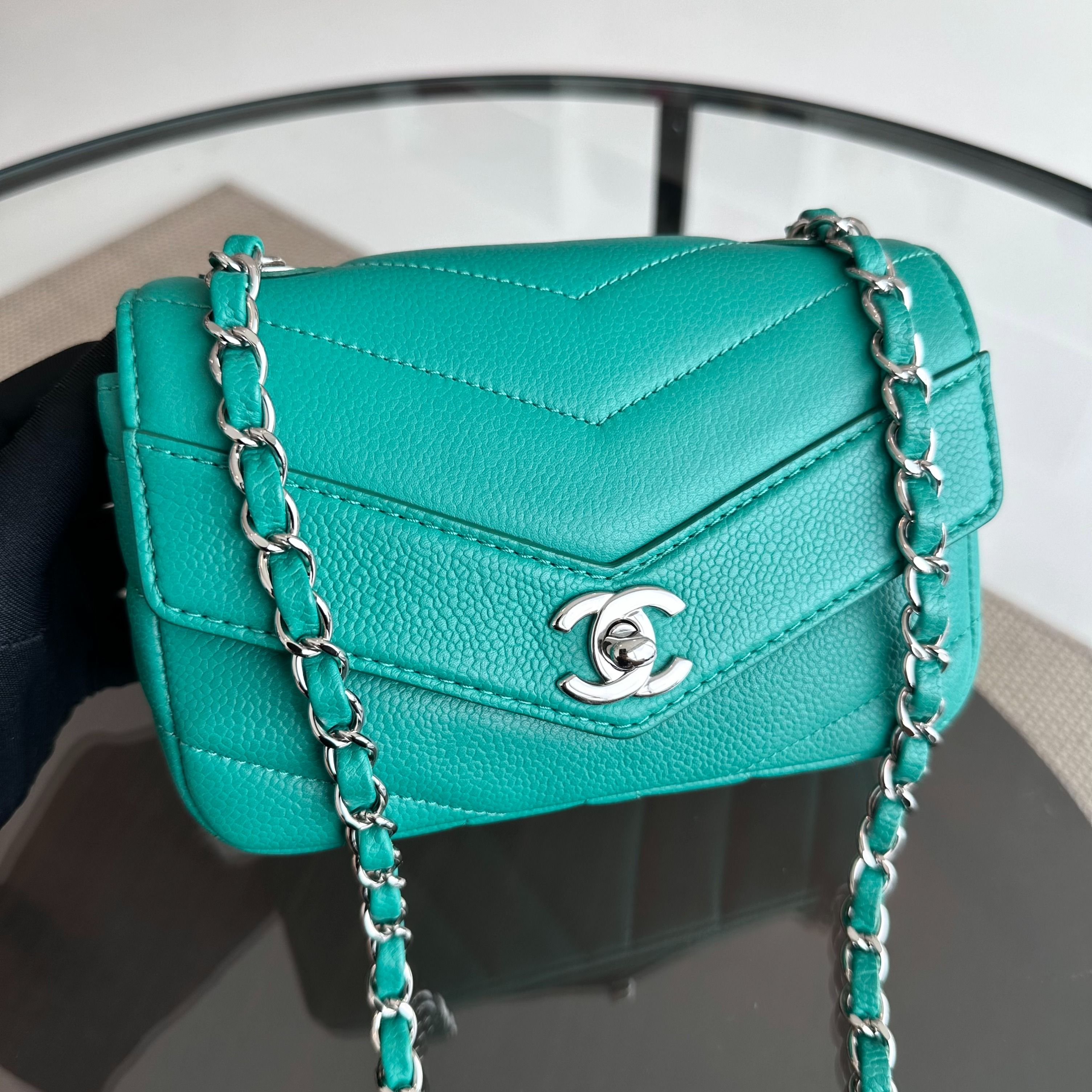 Chanel Caviar V Stitch Chevron Mini Square Green Blue SHW No 24 - Luxury Evermore