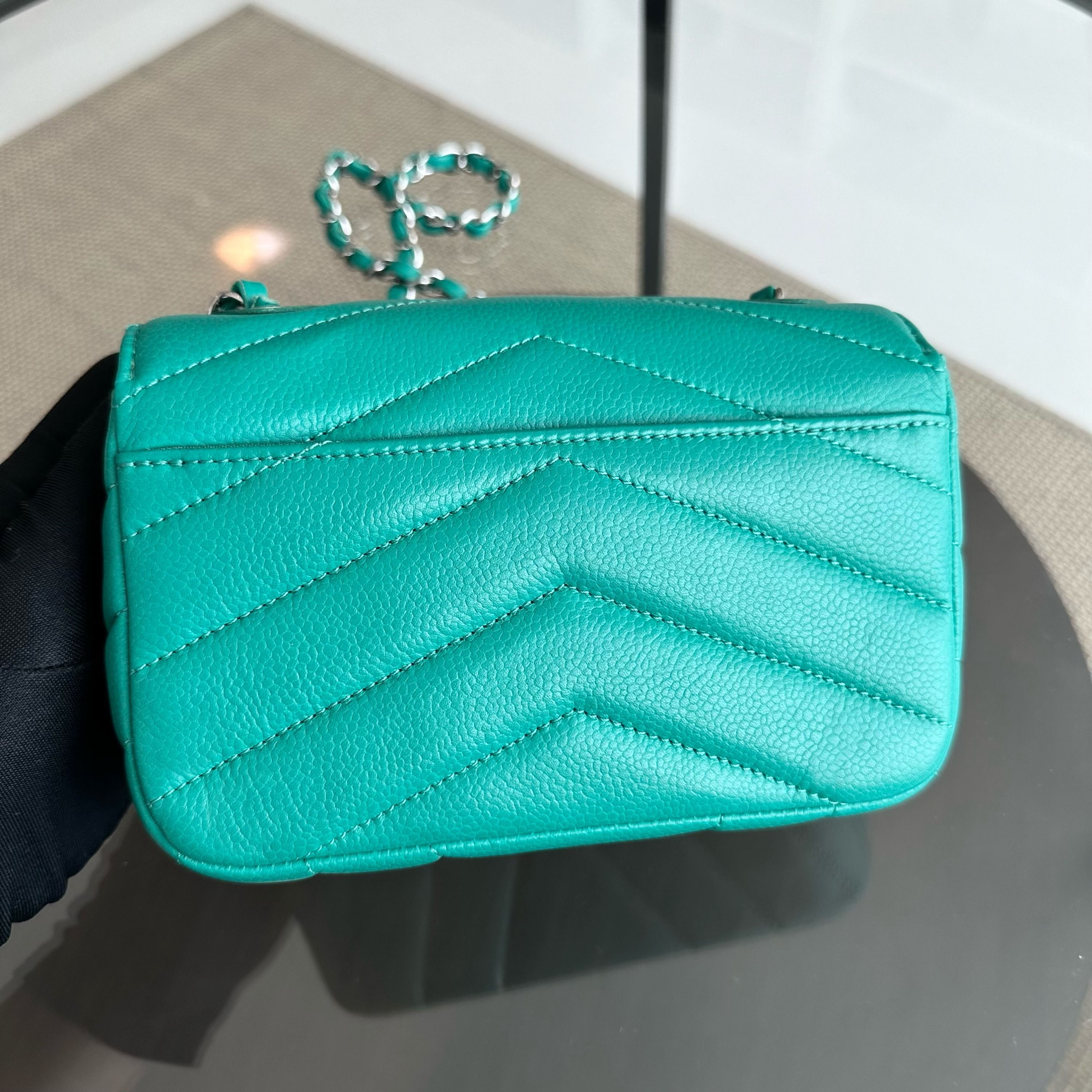 Chanel Caviar V Stitch Chevron Mini Square Green Blue SHW No 24 - Luxury Evermore