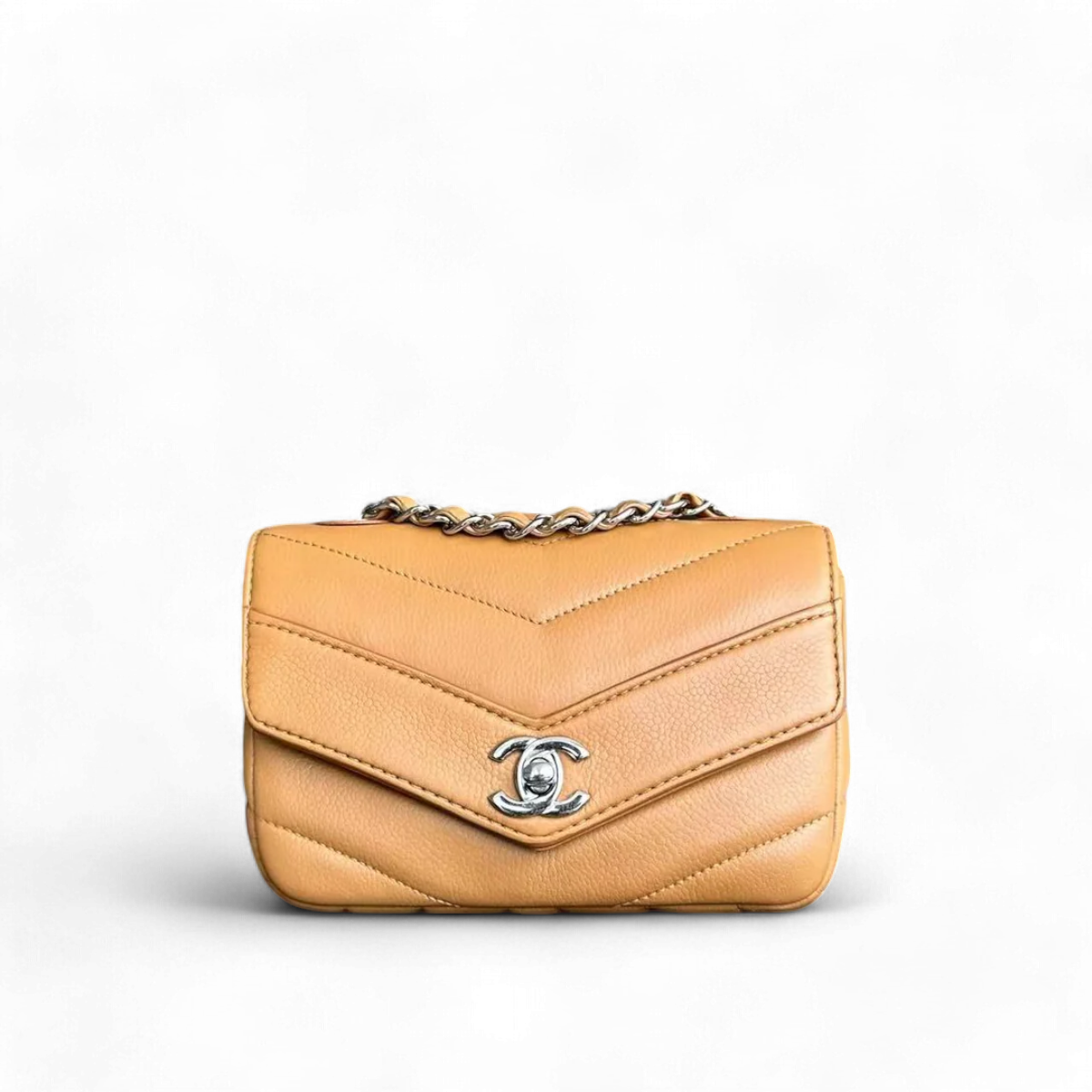 Chanel Mini Square Flap - Caviar V Stitch Chevron Seasonal Calfskin Light Brown SHW No 24