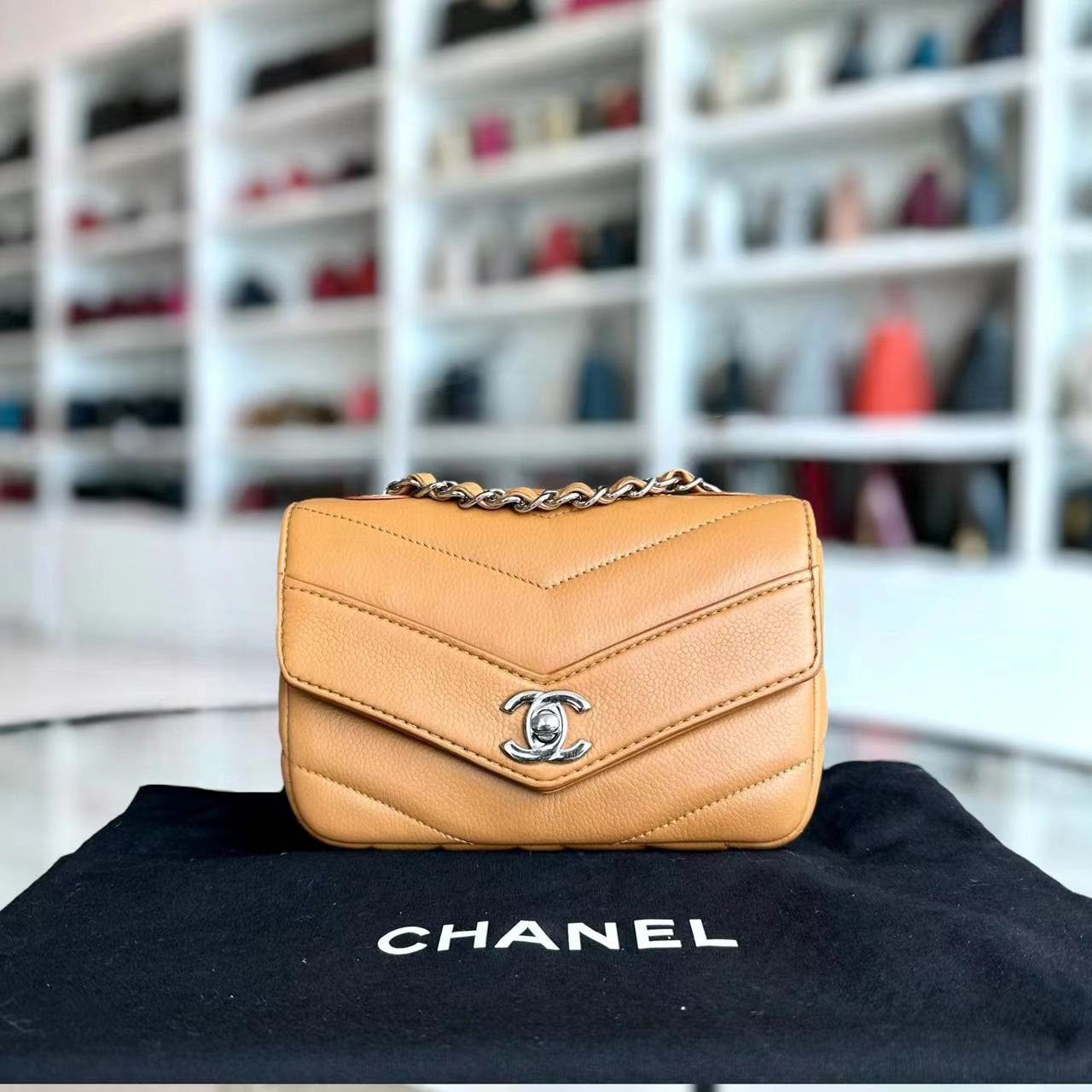 Chanel Caviar V Stitch Chevron Mini Square Seasonal Flap Calfskin Light Brown SHW No 24 - Luxury Evermore