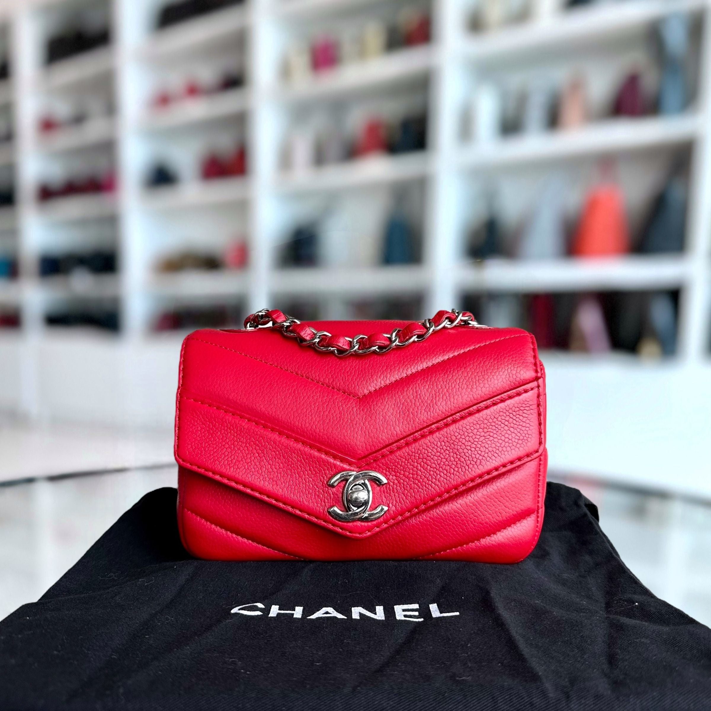 Chanel Caviar V Stitch Chevron Mini Square Seasonal Flap Red SHW No 24 - Luxury Evermore