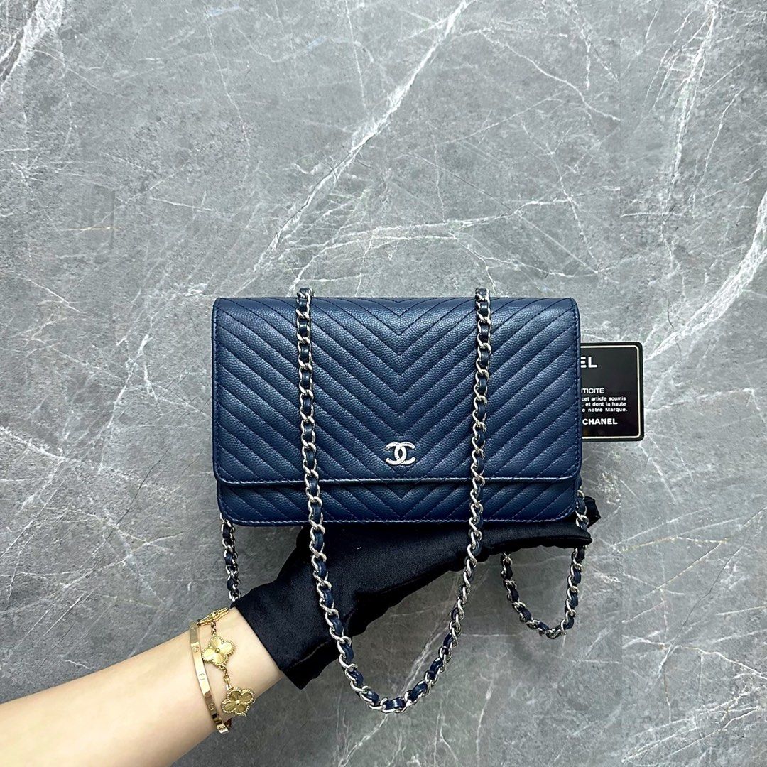 Chanel Caviar WOC Wallet On Chain Dark Blue SHW No 22 - Luxury Evermore