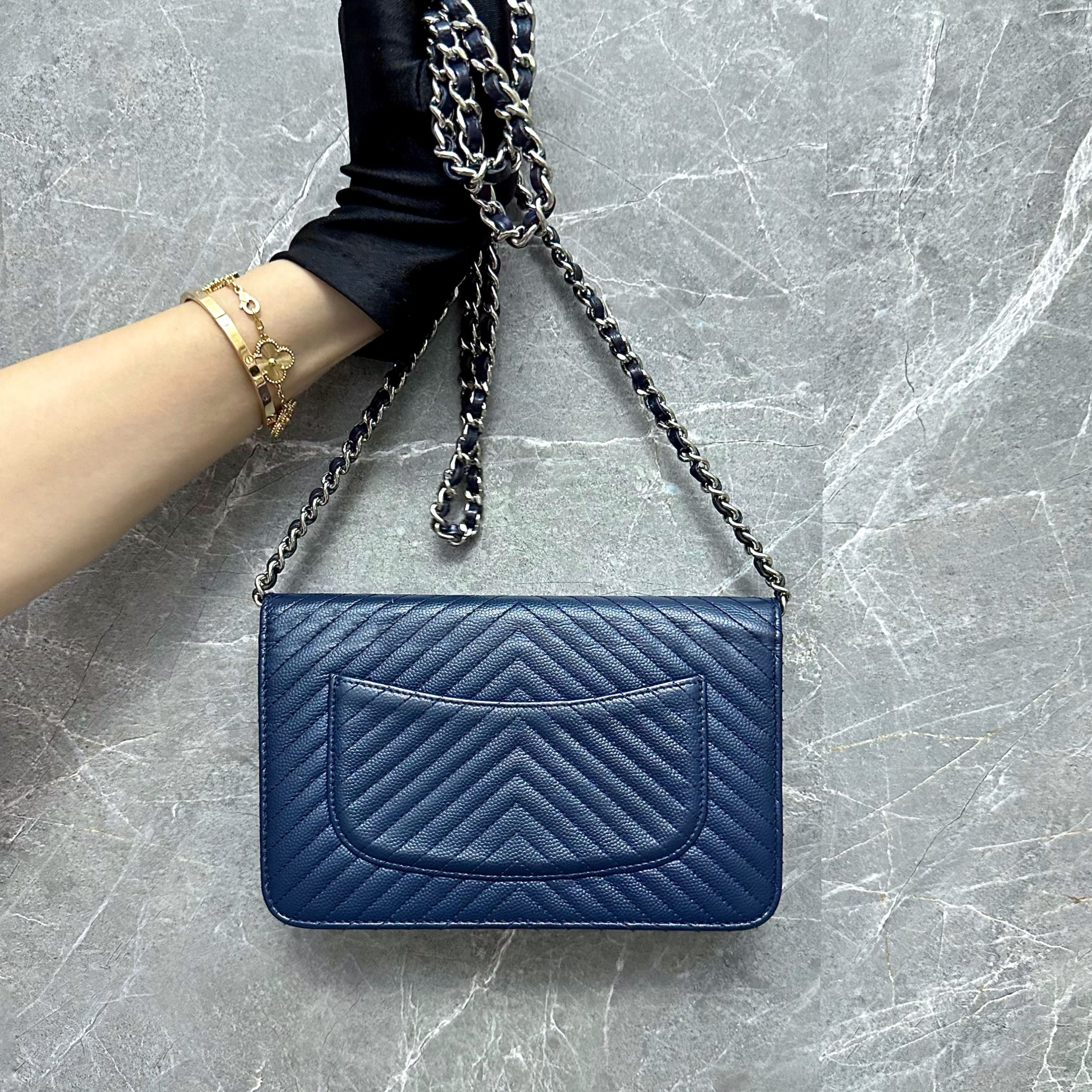 Chanel Caviar WOC Wallet On Chain Dark Blue SHW No 22 - Luxury Evermore