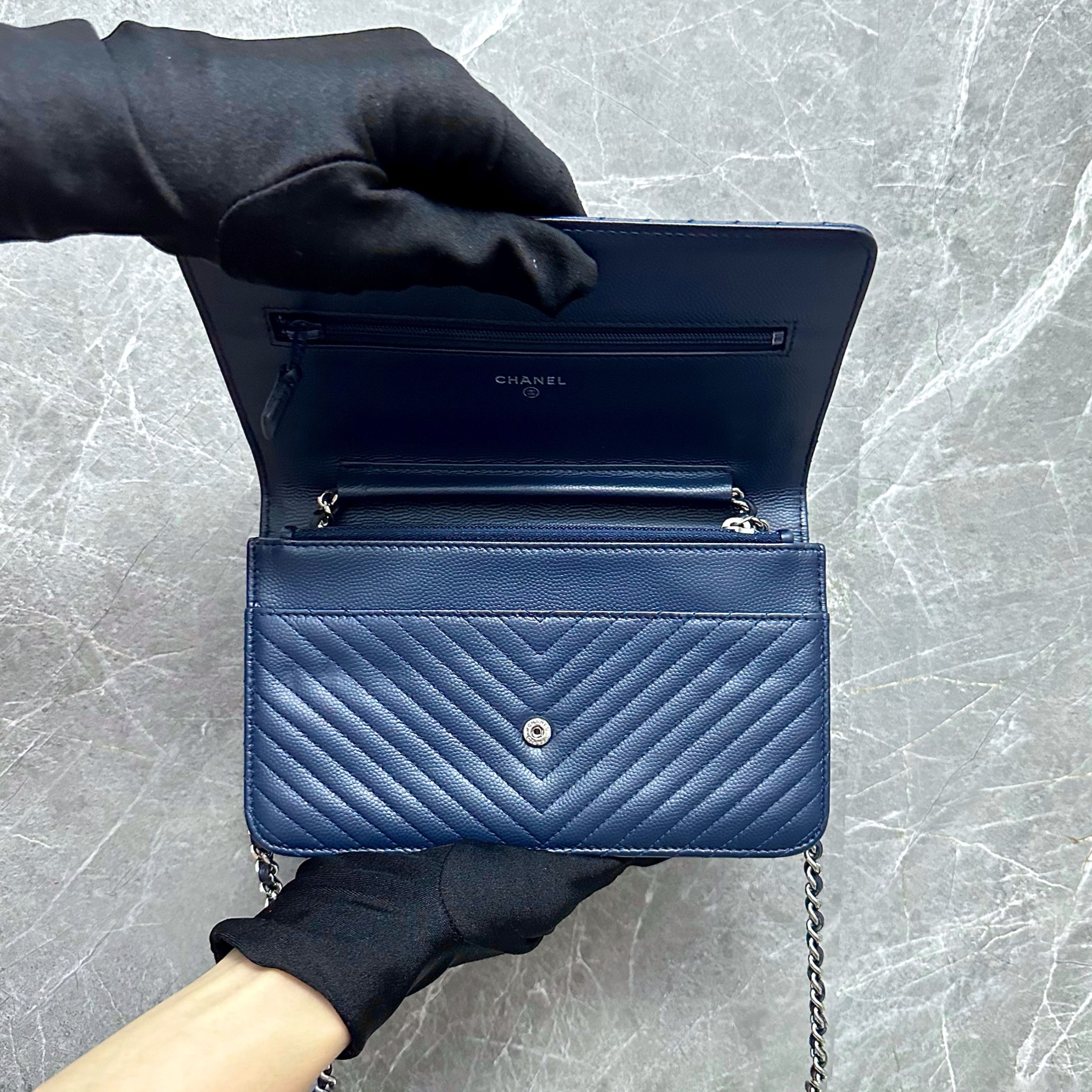 Chanel Caviar WOC Wallet On Chain Dark Blue SHW No 22 - Luxury Evermore