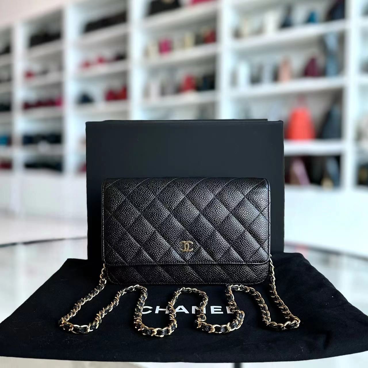 Chanel Caviar WOC Wallet On Chain Quilted Calfskin Black GHW No 18 - Luxury Evermore