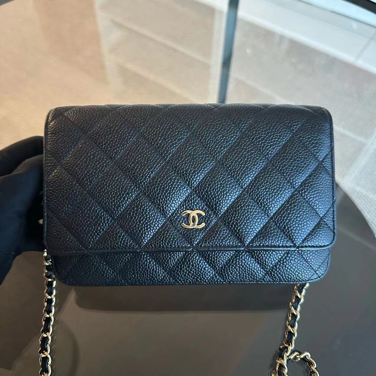 Chanel Caviar WOC Wallet On Chain Quilted Calfskin Black GHW No 18 - Luxury Evermore