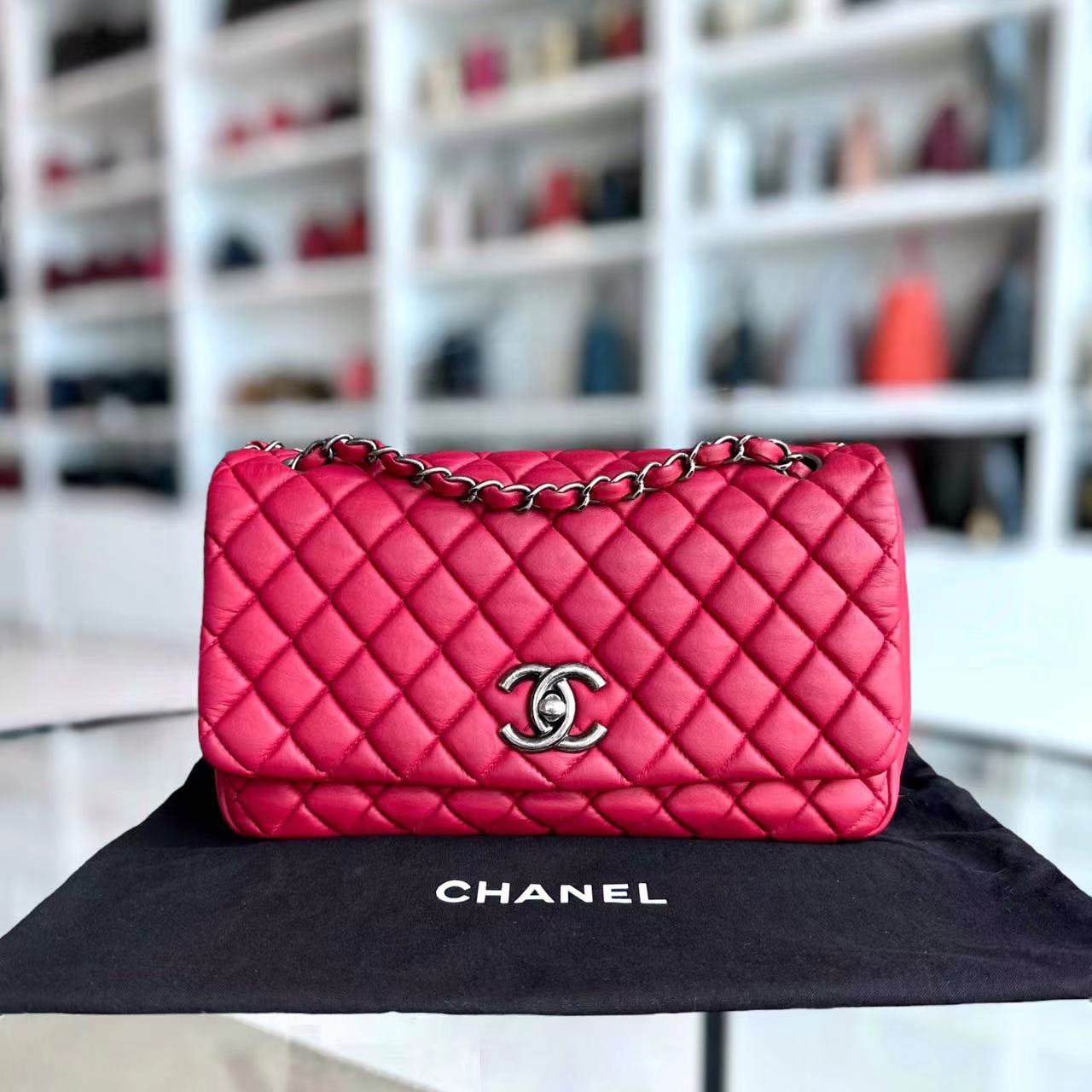 Chanel CC Puffer Bubble Seasonal Classic Flap Calfskin Red Silver Hardware Series 17 - Luxury Evermore