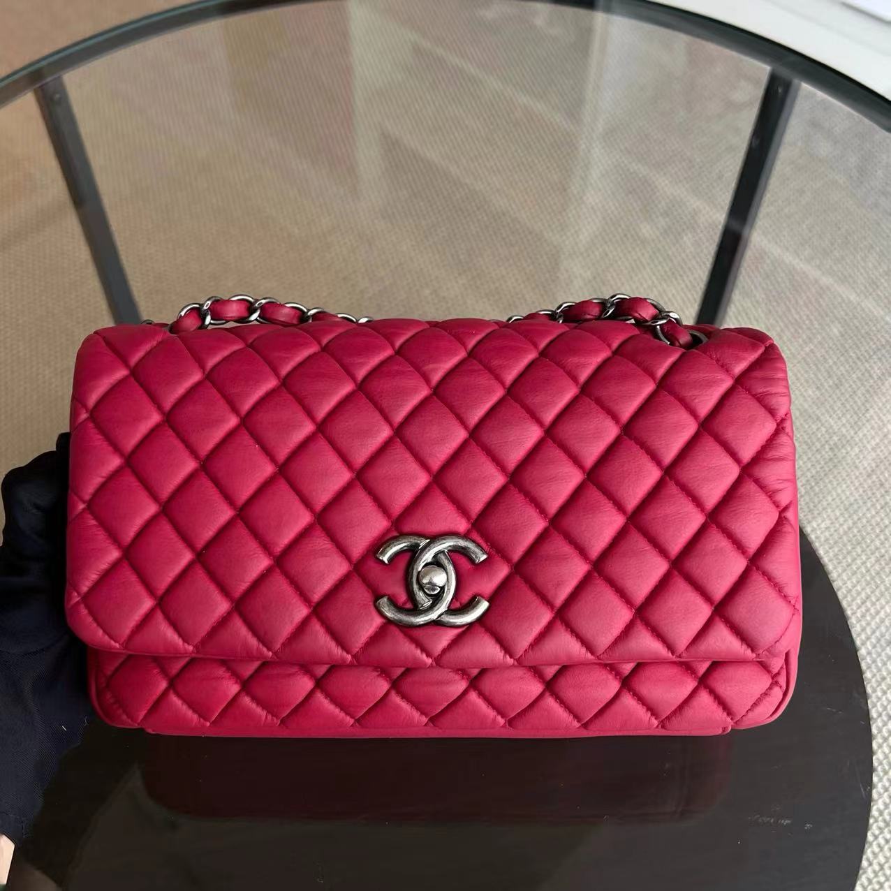 Chanel CC Puffer Bubble Seasonal Classic Flap Calfskin Red Silver Hardware Series 17 - Luxury Evermore