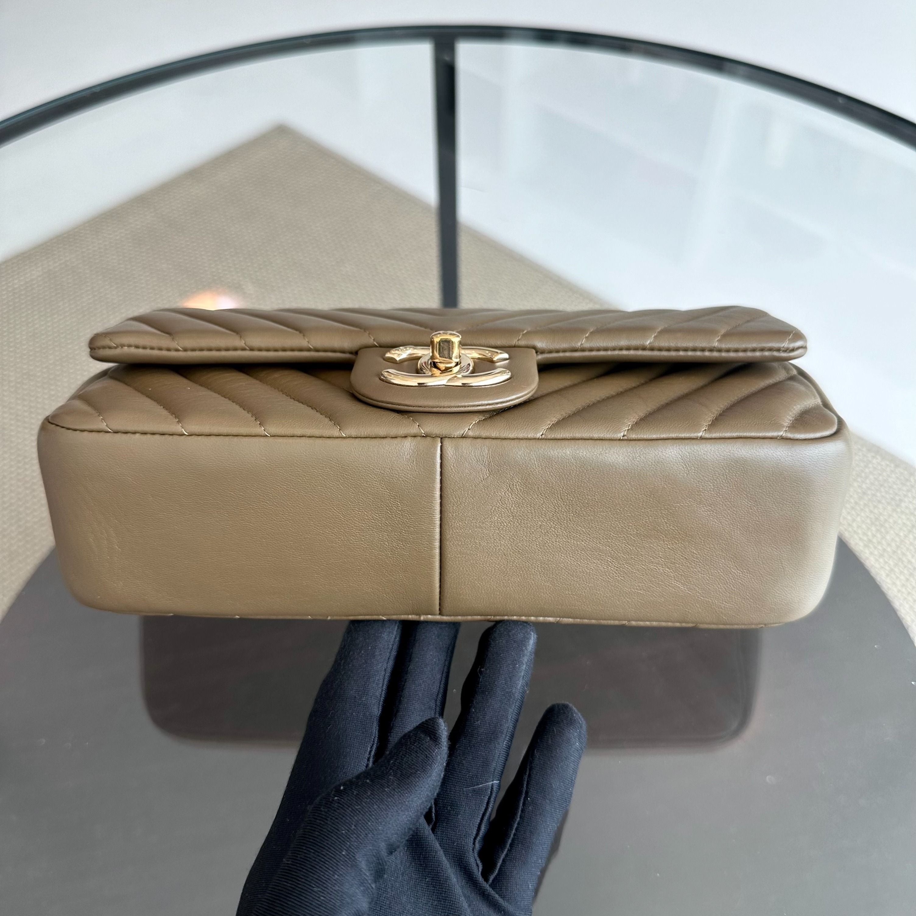 Chanel Chevron Classic Seasonal Flap Lambskin Olive GHW No 20 - Luxury Evermore