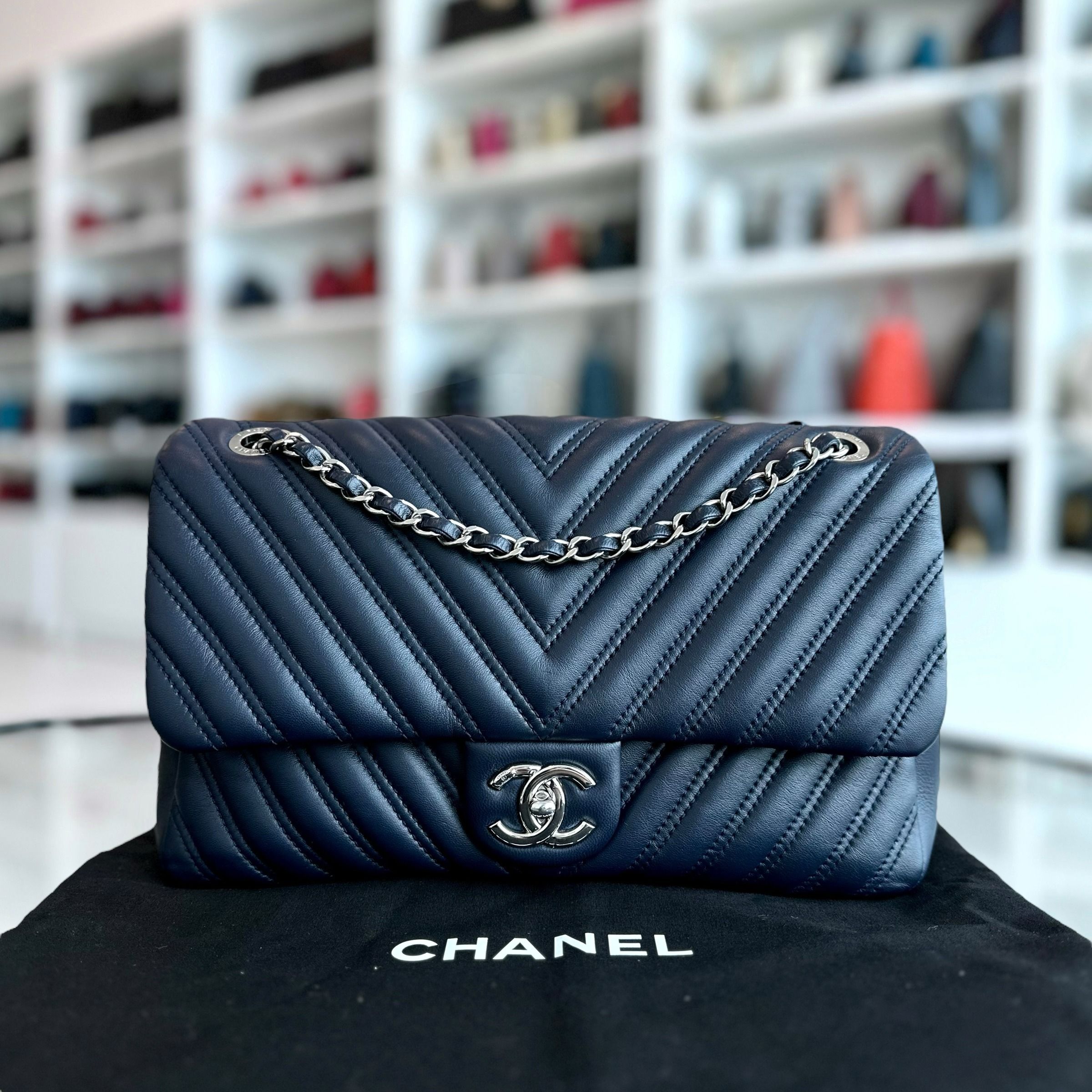 Chanel Chevron Classic Seasonal Jumbo Flap 30CM Lambskin Dark Blue SHW No 21 - Luxury Evermore