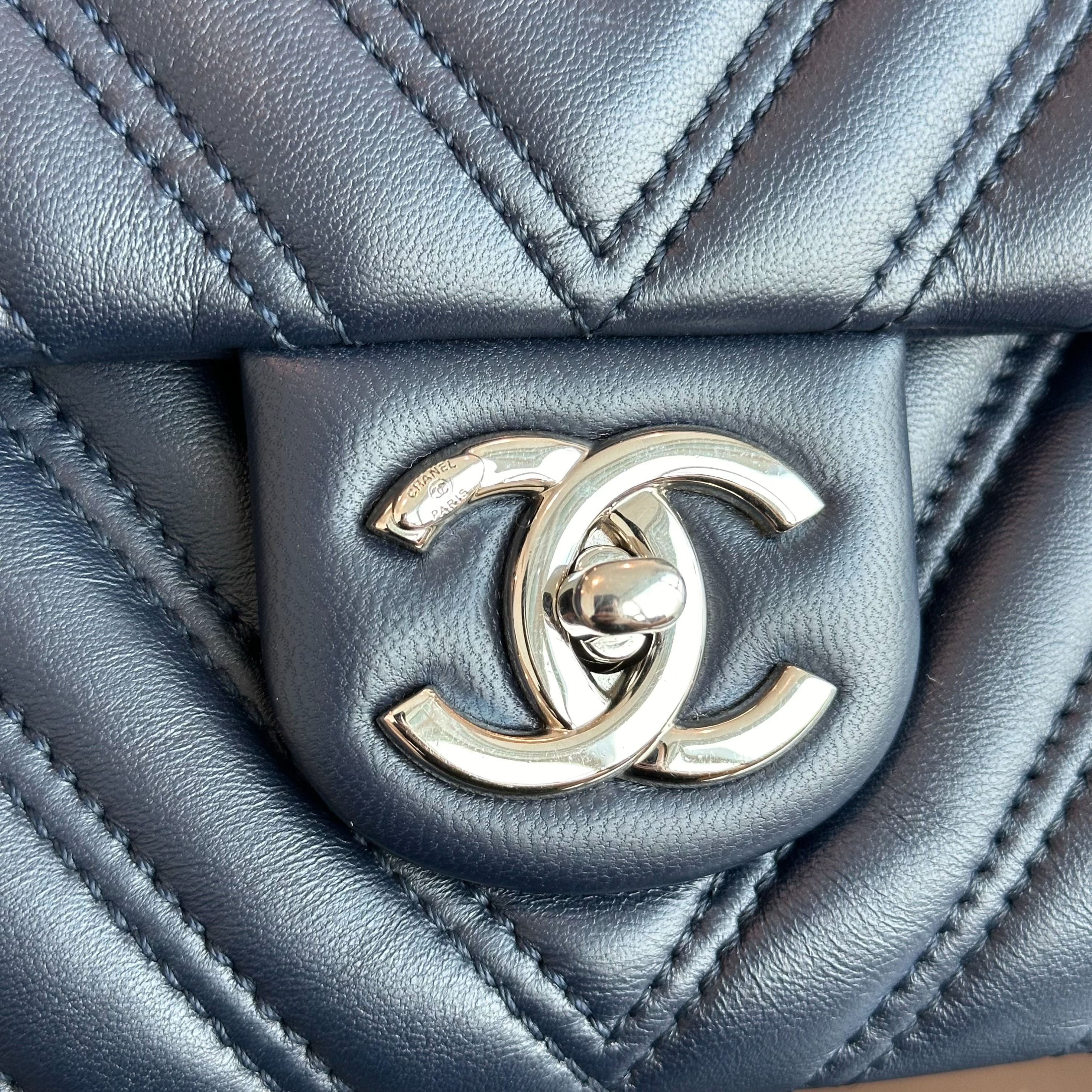 Chanel Chevron Classic Seasonal Jumbo Flap 30CM Lambskin Dark Blue SHW No 21 - Luxury Evermore