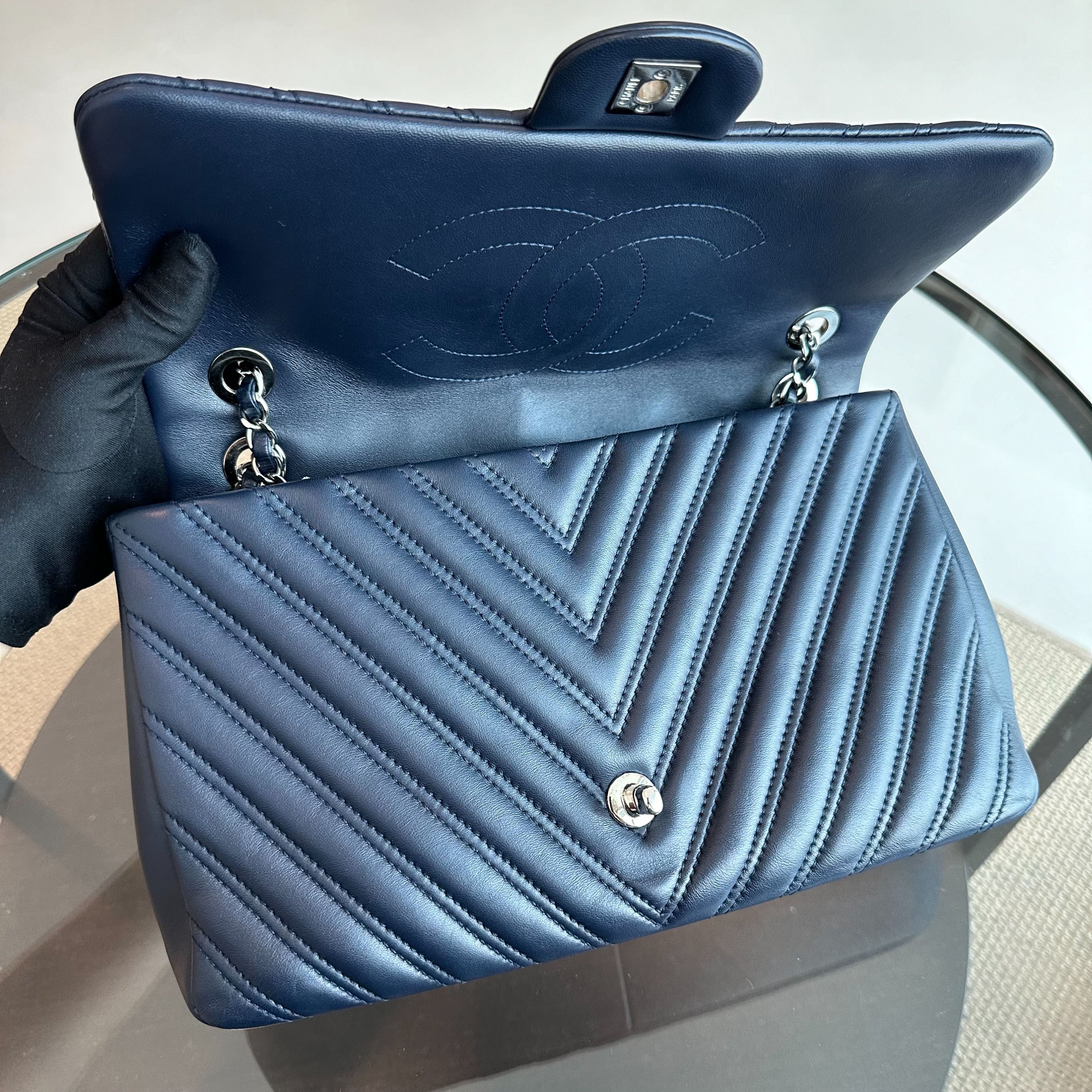 Chanel Chevron Classic Seasonal Jumbo Flap 30CM Lambskin Dark Blue SHW No 21 - Luxury Evermore