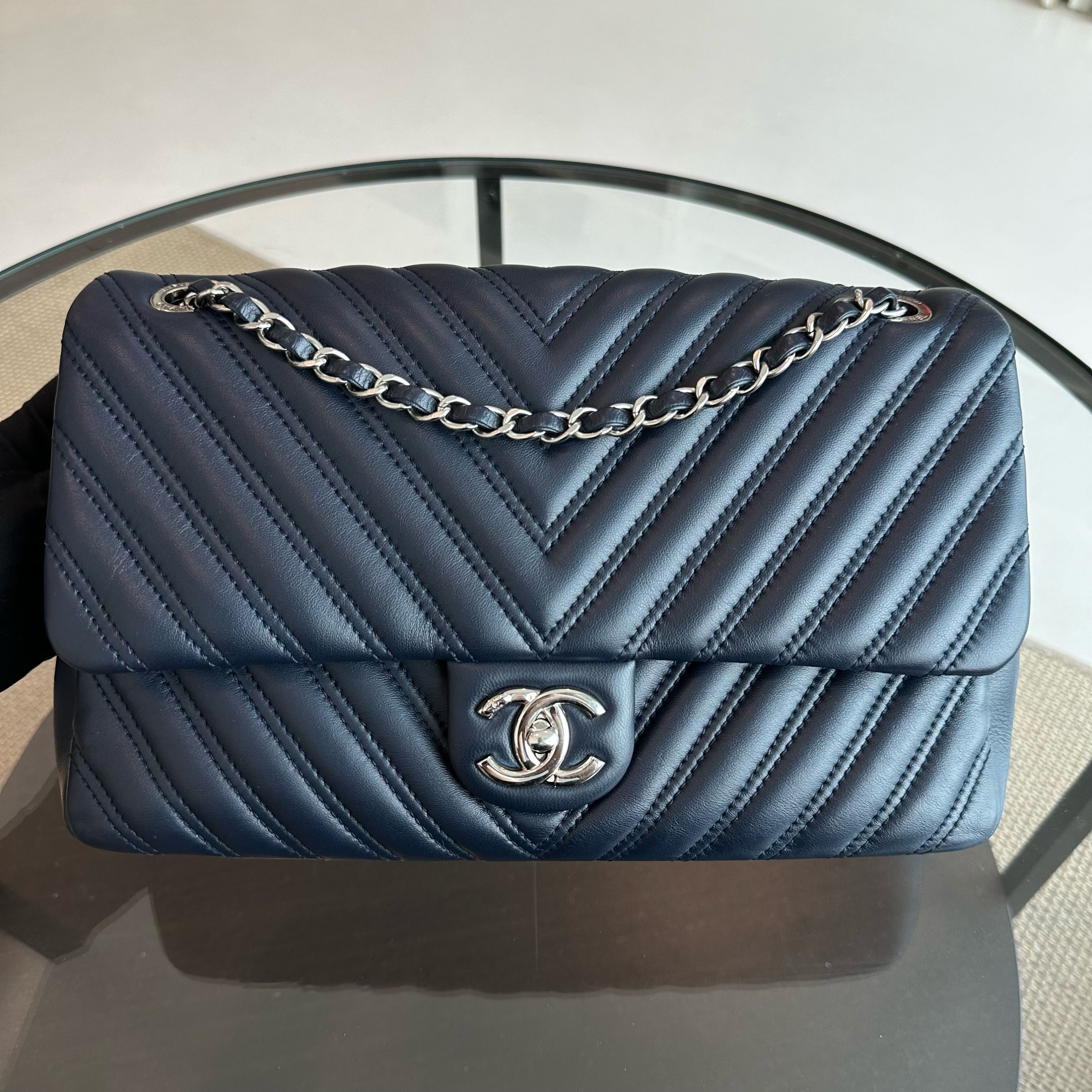 Chanel Chevron Classic Seasonal Jumbo Flap 30CM Lambskin Dark Blue SHW No 21 - Luxury Evermore