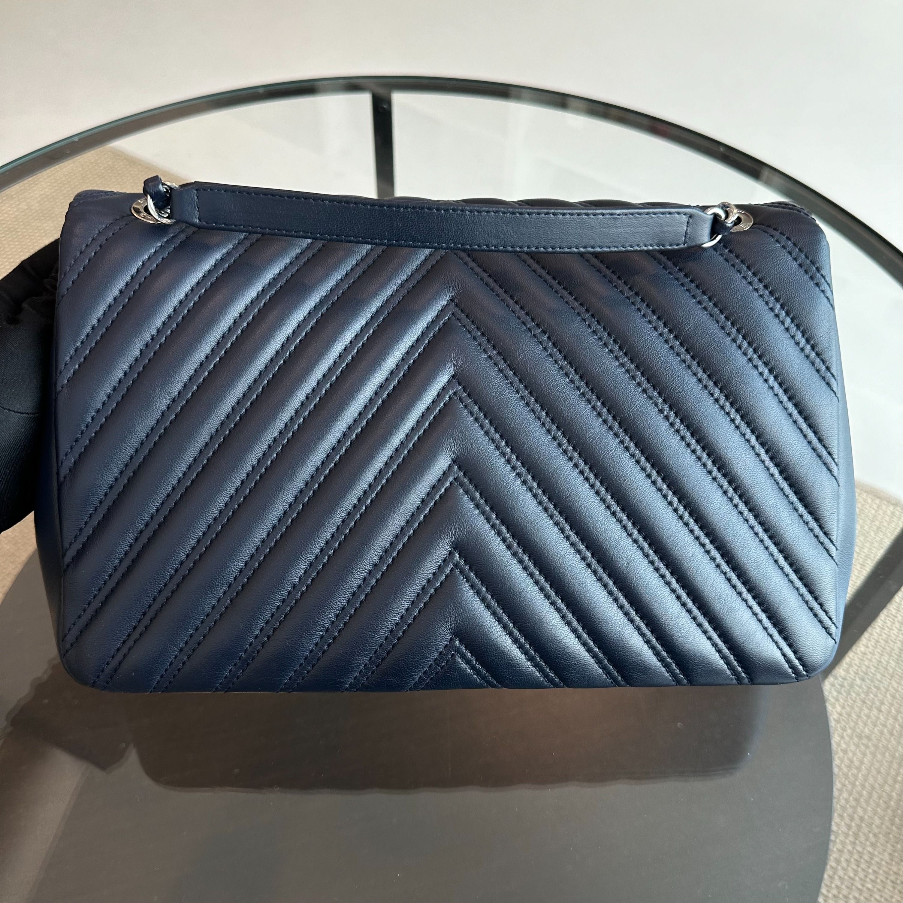 Chanel Chevron Classic Seasonal Jumbo Flap 30CM Lambskin Dark Blue SHW No 21 - Luxury Evermore