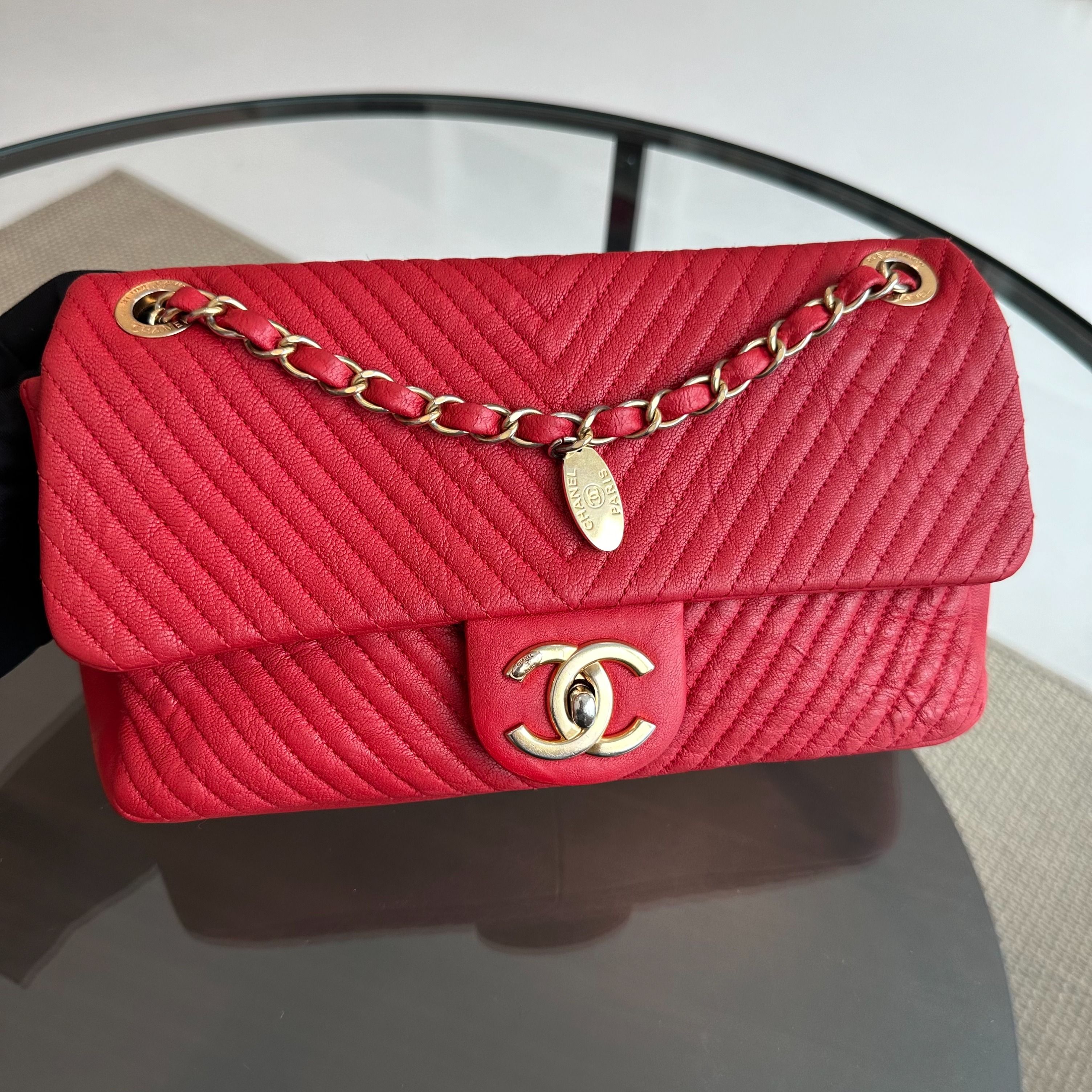 Chanel Chevron Herringbone Medallion Seasonal Flap Red Calfskin AGHW No 21 - Luxury Evermore