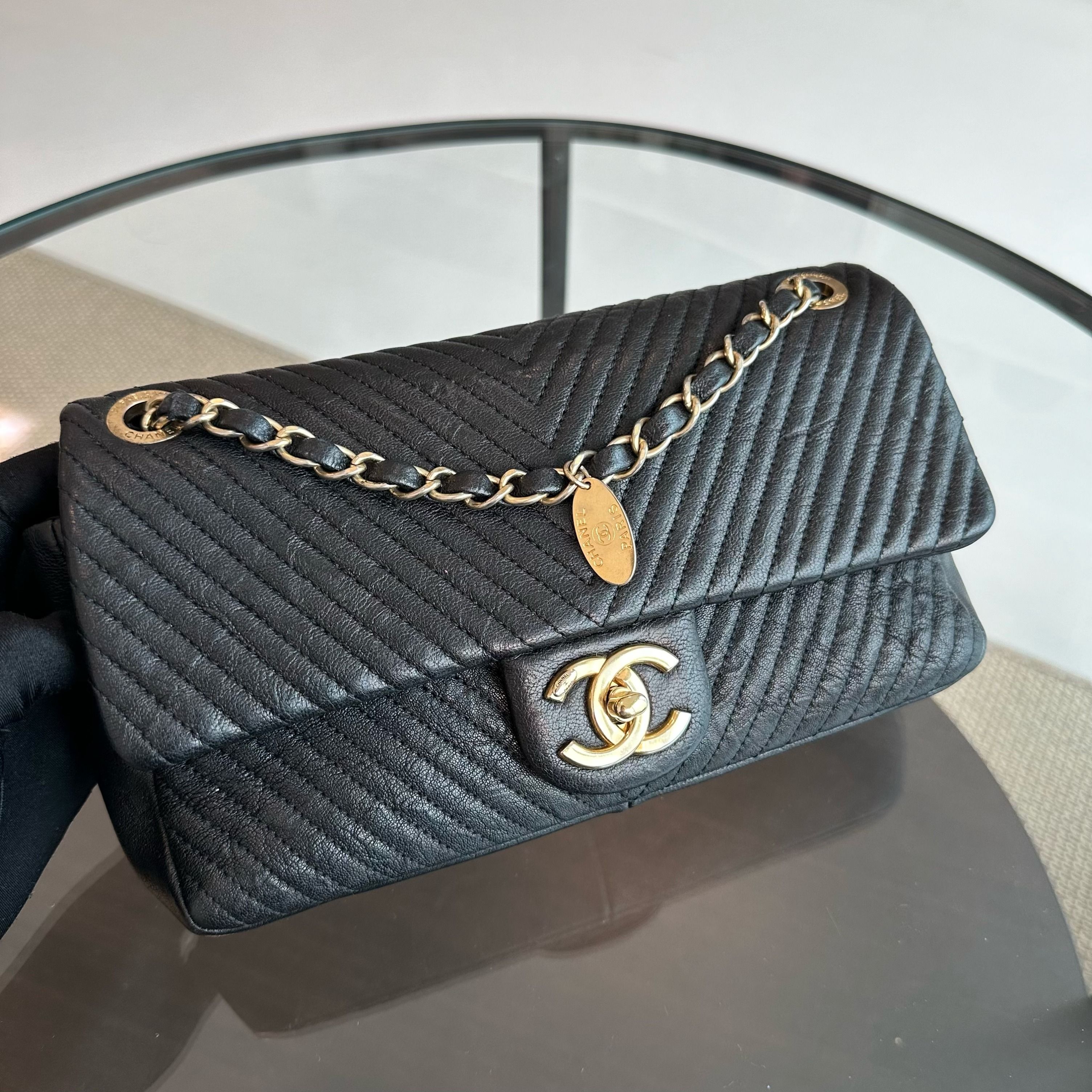 Chanel Chevron Surpique CC Herringbone Medallion Flap Goatskin Black GHW No 21 - Luxury Evermore