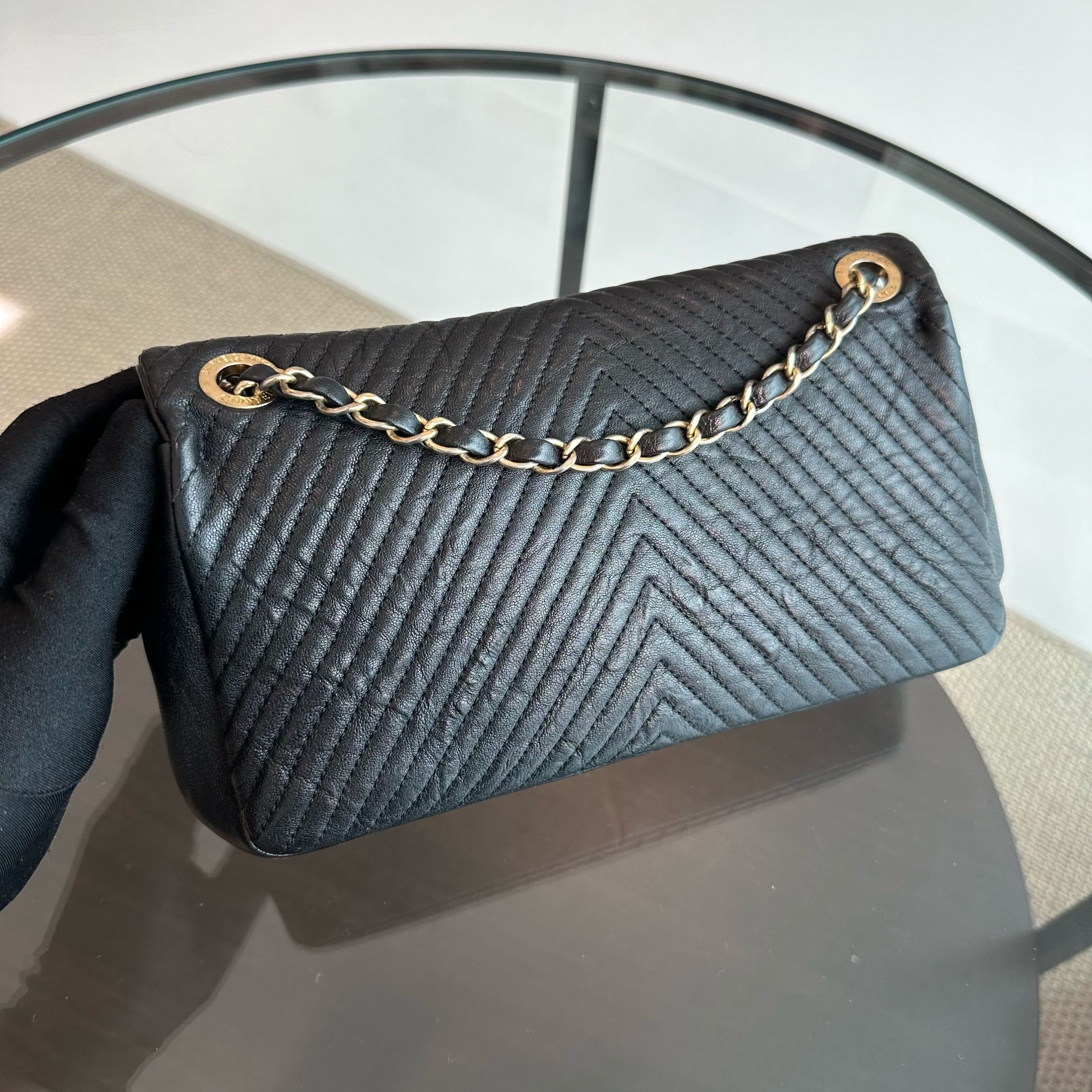 Chanel Chevron Surpique CC Herringbone Medallion Flap Goatskin Black GHW No 21 - Luxury Evermore