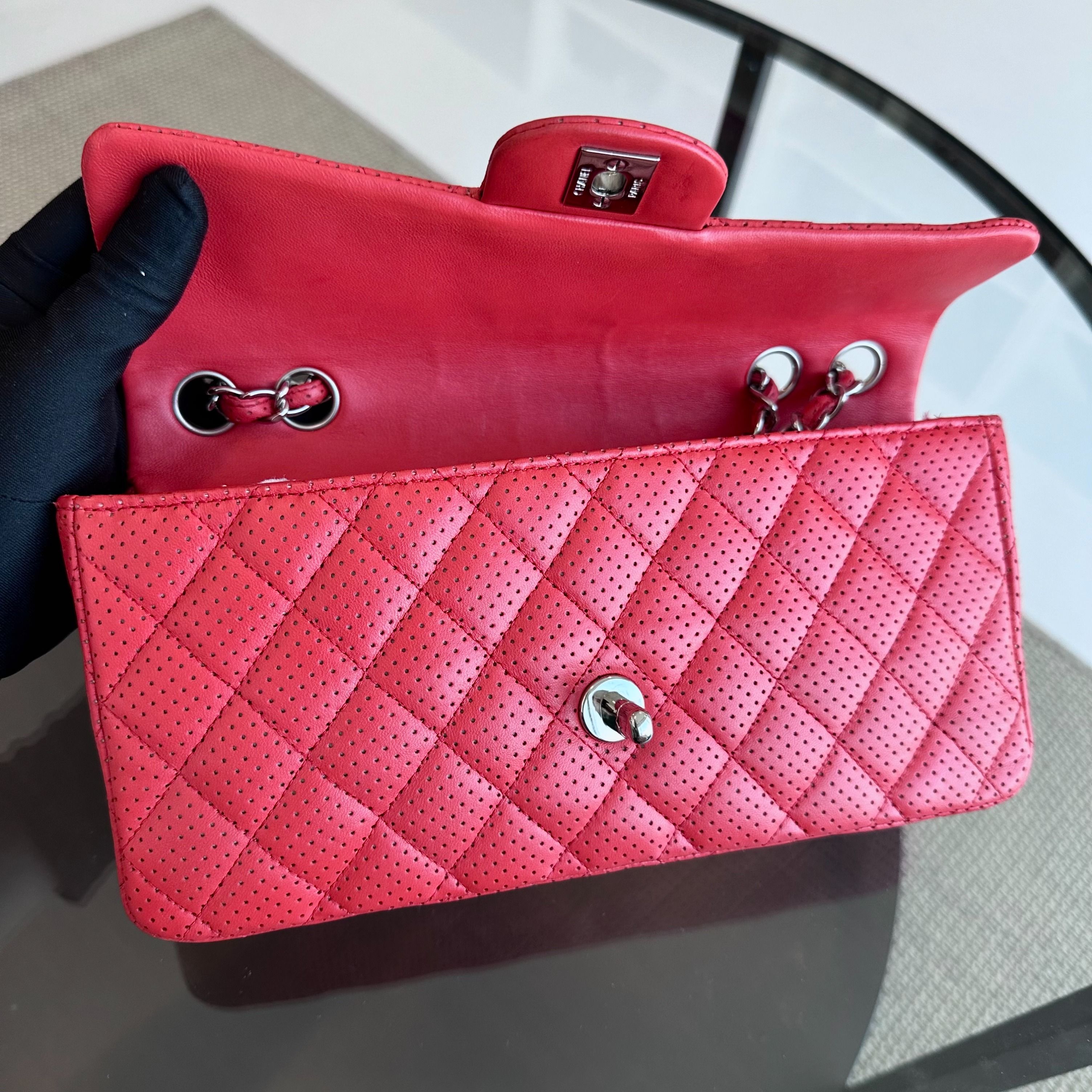 Chanel Classic Flap East West Lambskin Perforated Red SHW No 11 - Luxury Evermore