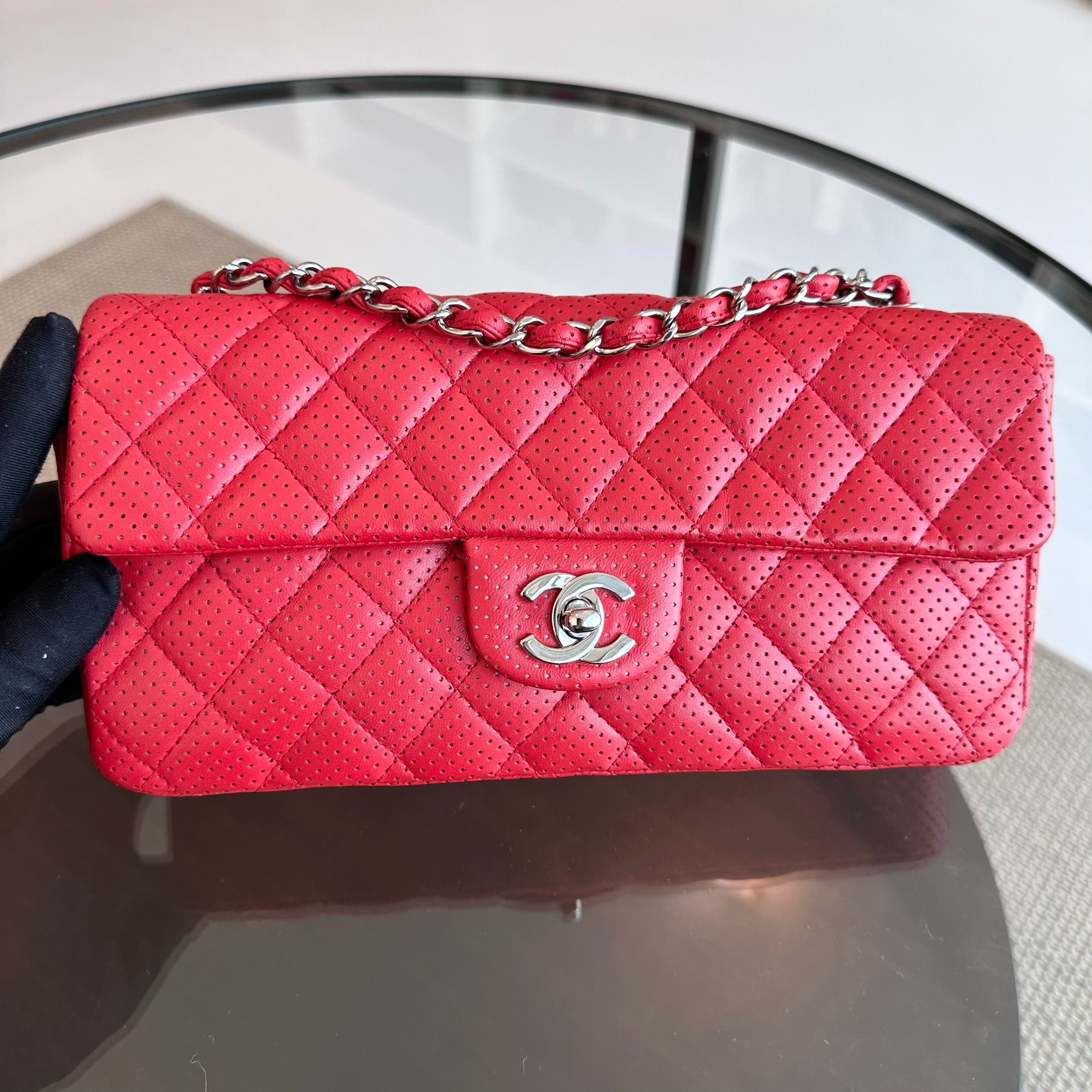 Chanel Classic Flap East West Lambskin Perforated Red SHW No 11 - Luxury Evermore