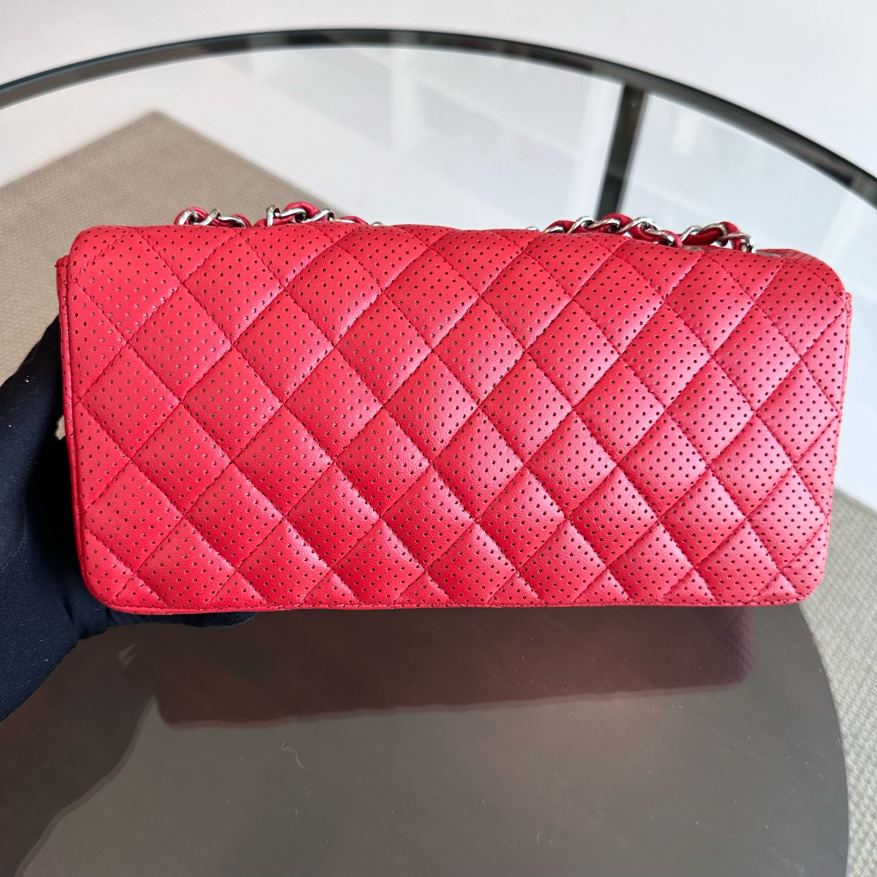 Chanel Classic Flap East West Lambskin Perforated Red SHW No 11 - Luxury Evermore