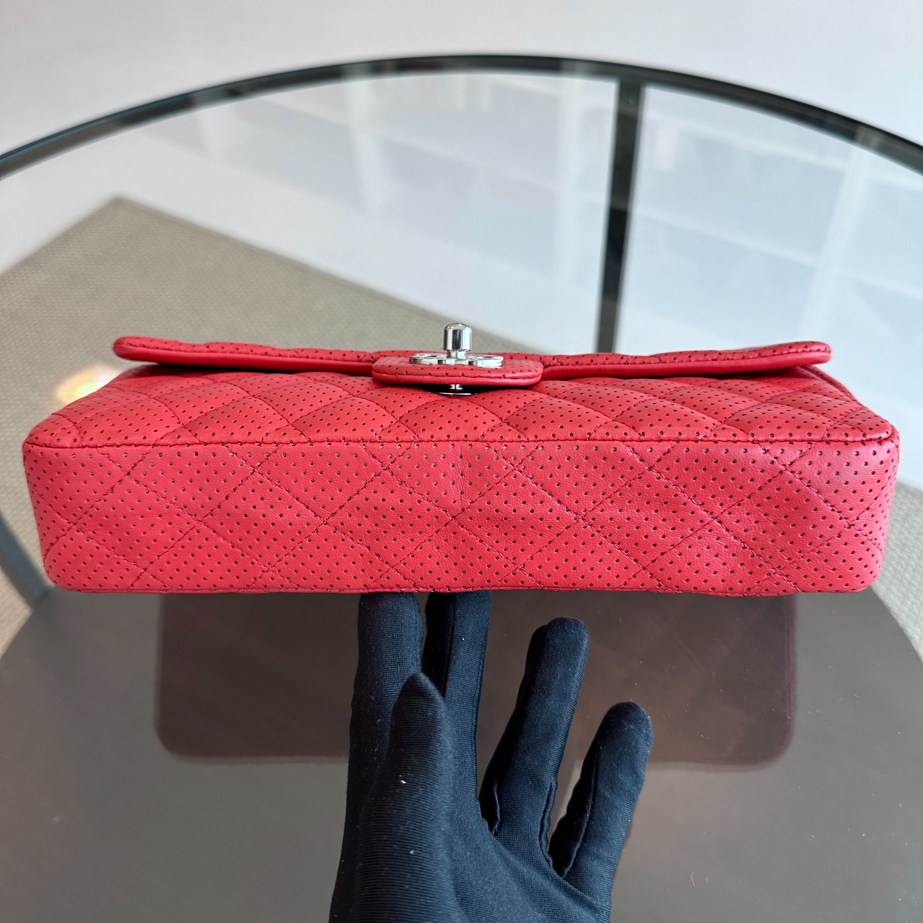 Chanel Classic Flap East West Lambskin Perforated Red SHW No 11 - Luxury Evermore