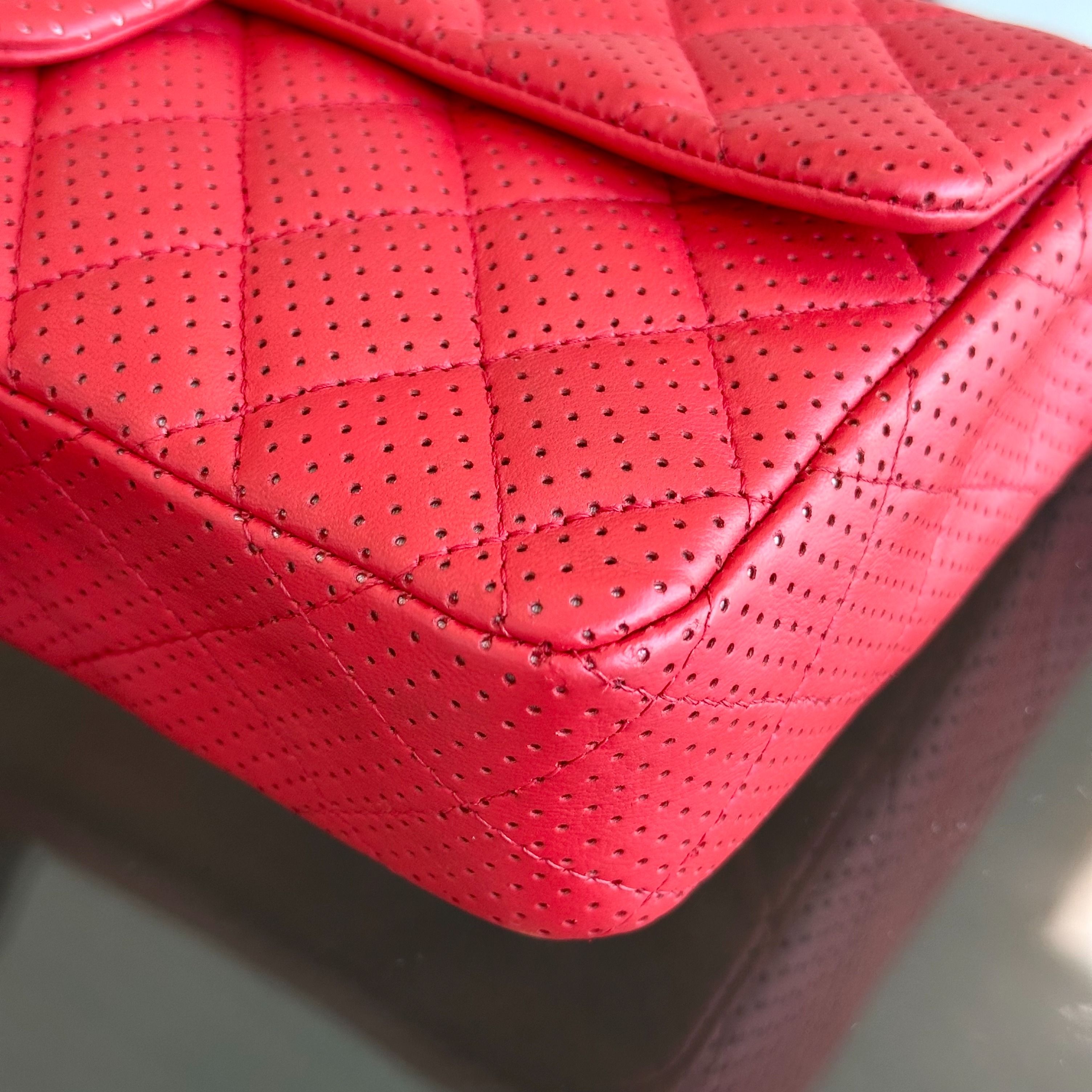 Chanel Classic Flap East West Lambskin Perforated Red SHW No 11 - Luxury Evermore