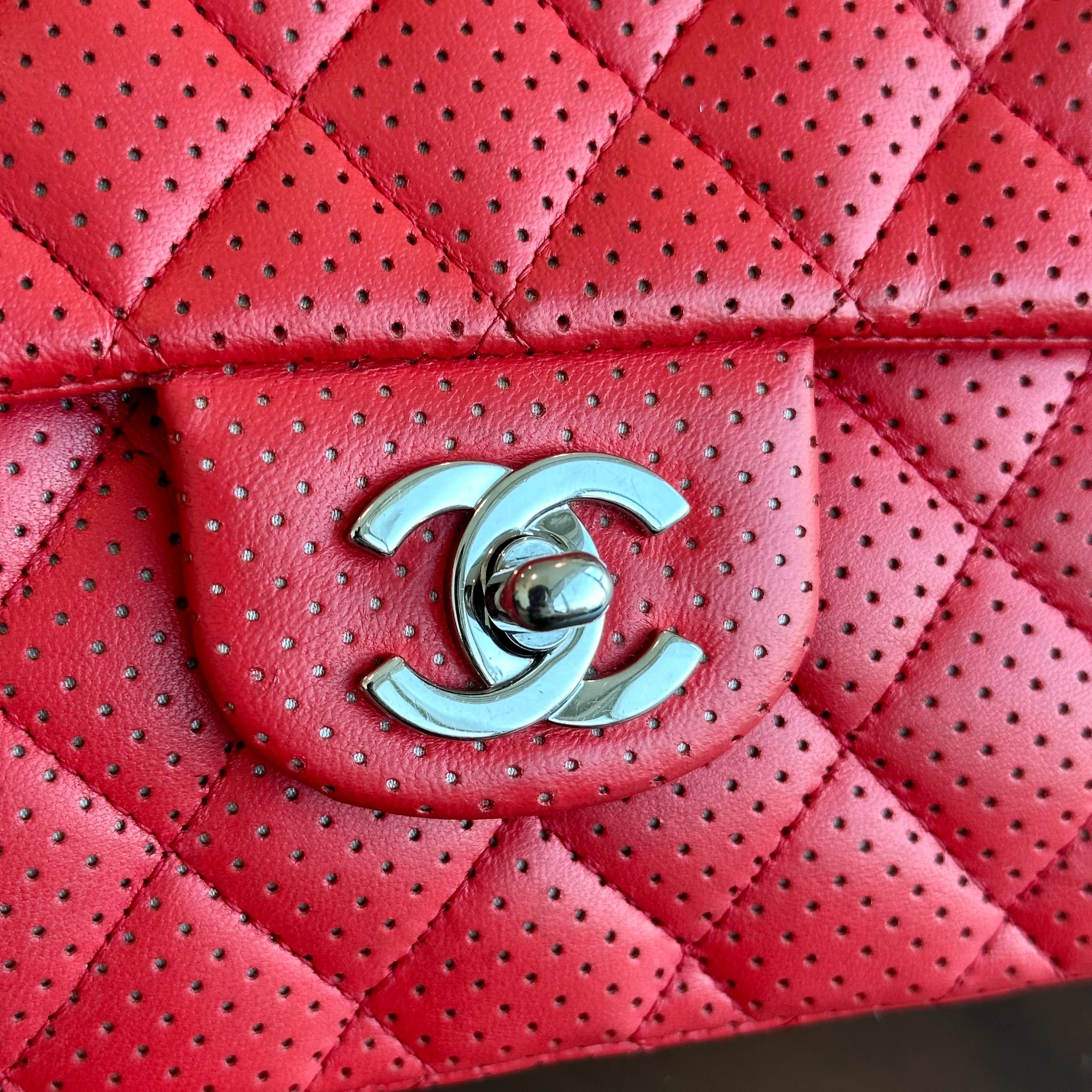 Chanel Classic Flap East West Lambskin Perforated Red SHW No 11 - Luxury Evermore